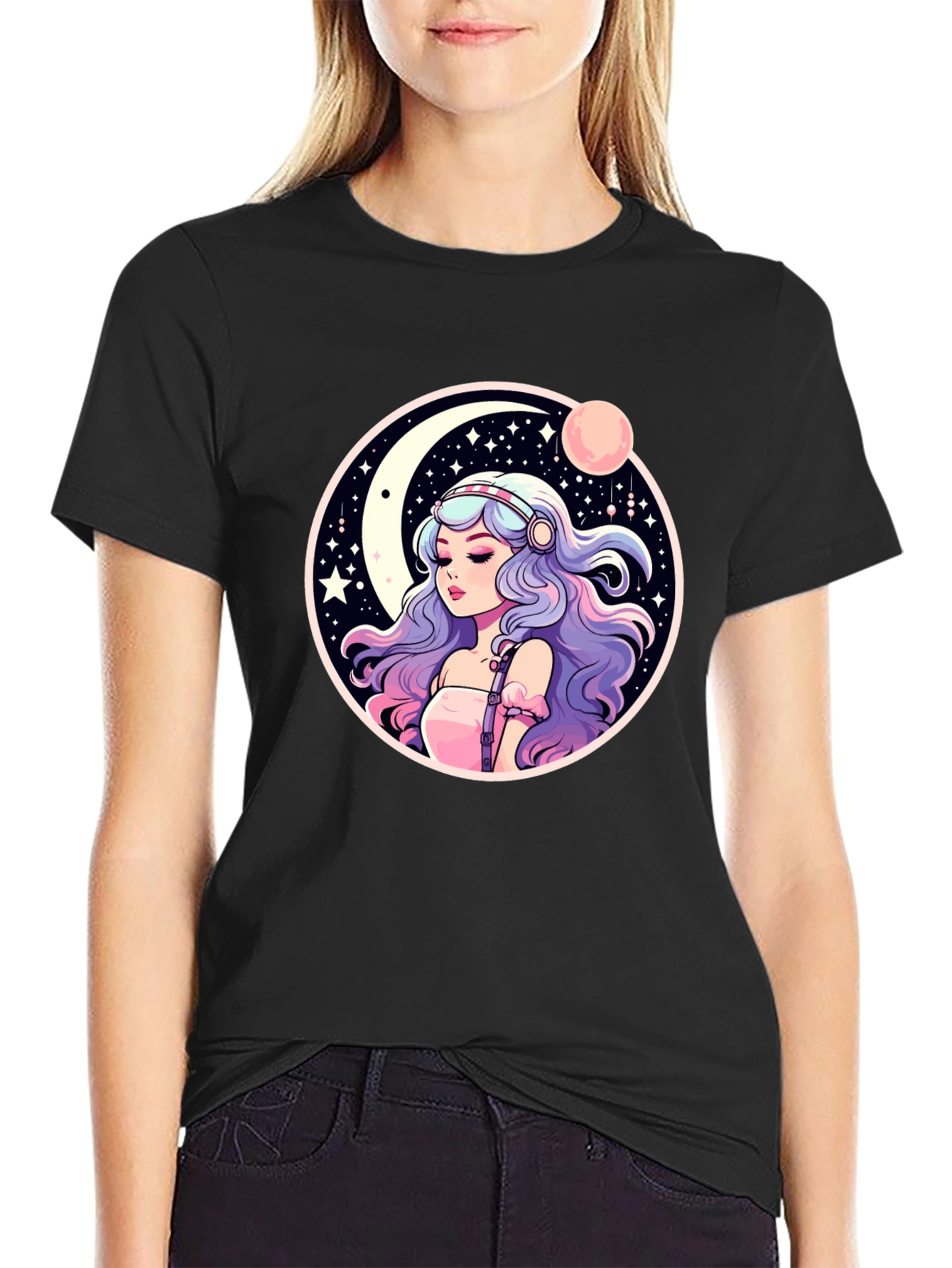 Anime Girl Moon & Stars Graphic Tee