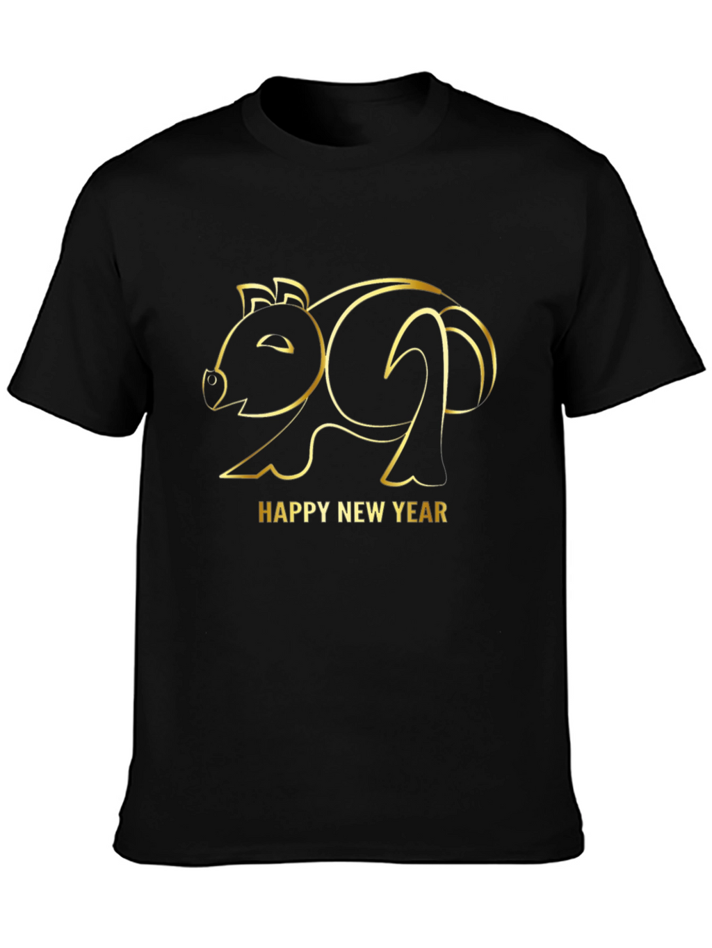 Happy New Year Pig Outline Black T-Shirt