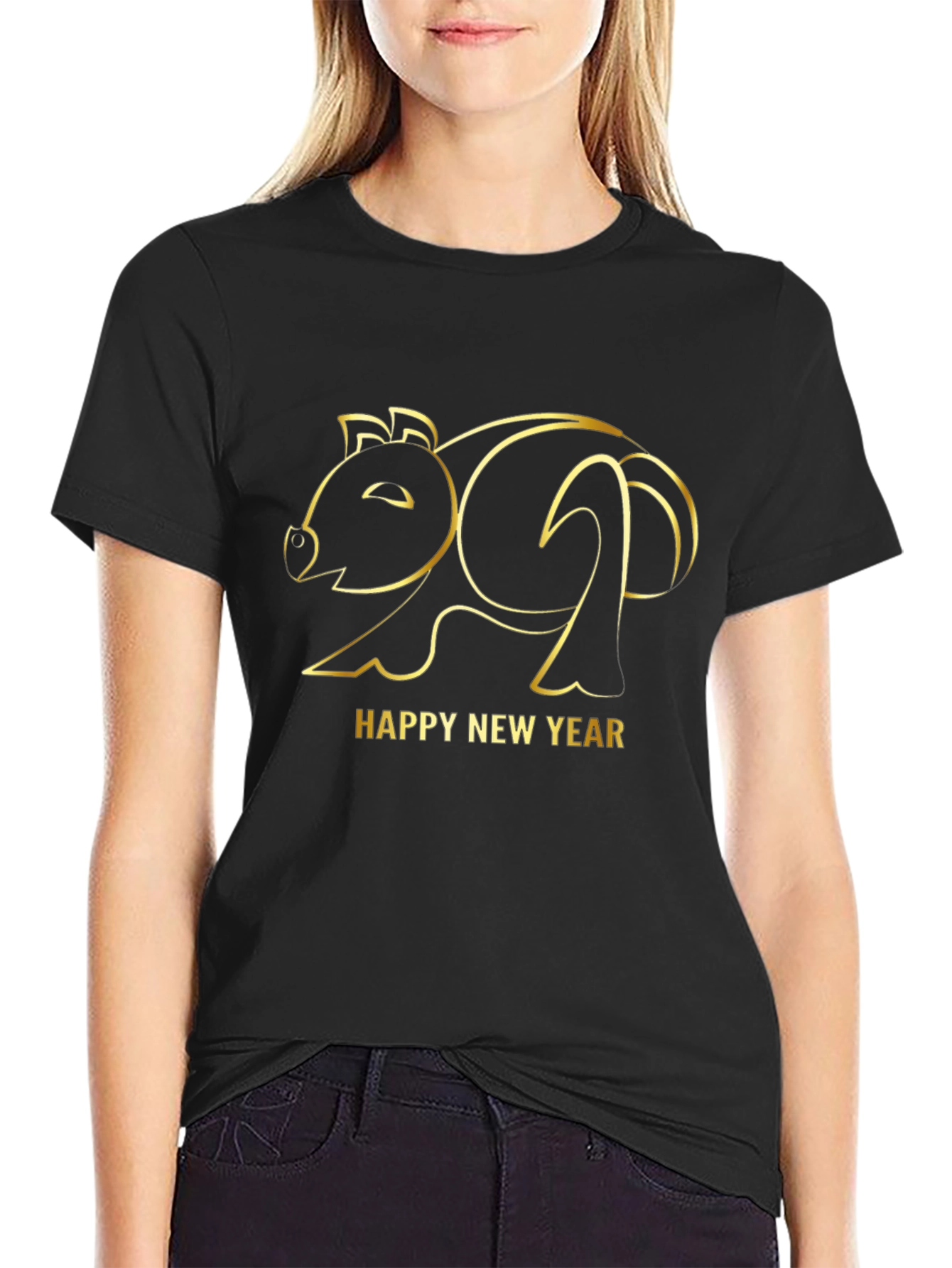 Happy New Year Pig Outline Black T-Shirt