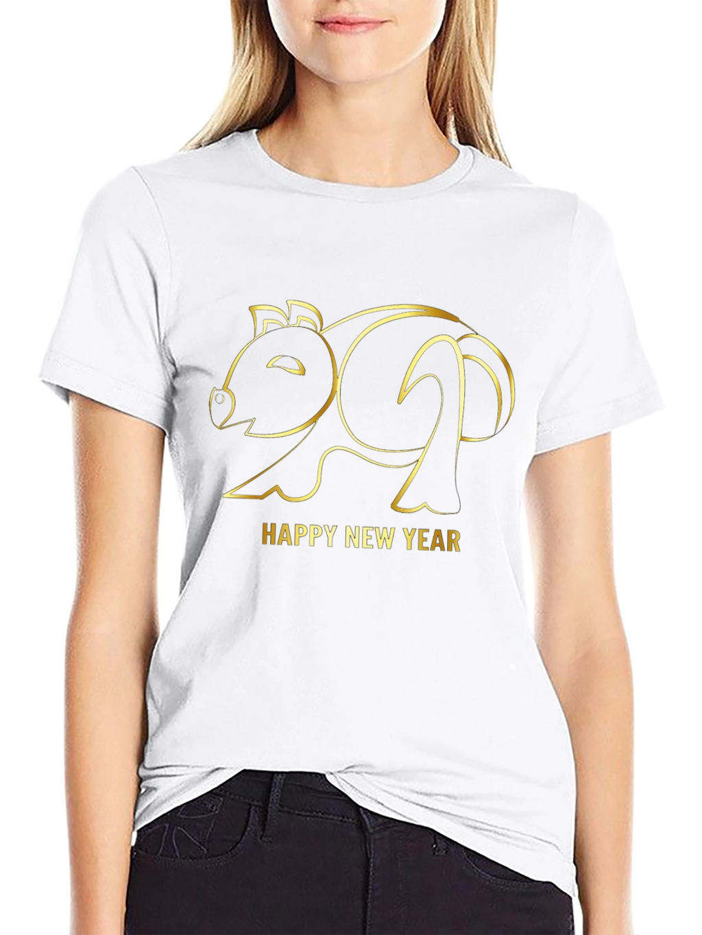 Happy New Year Pig Outline Black T-Shirt