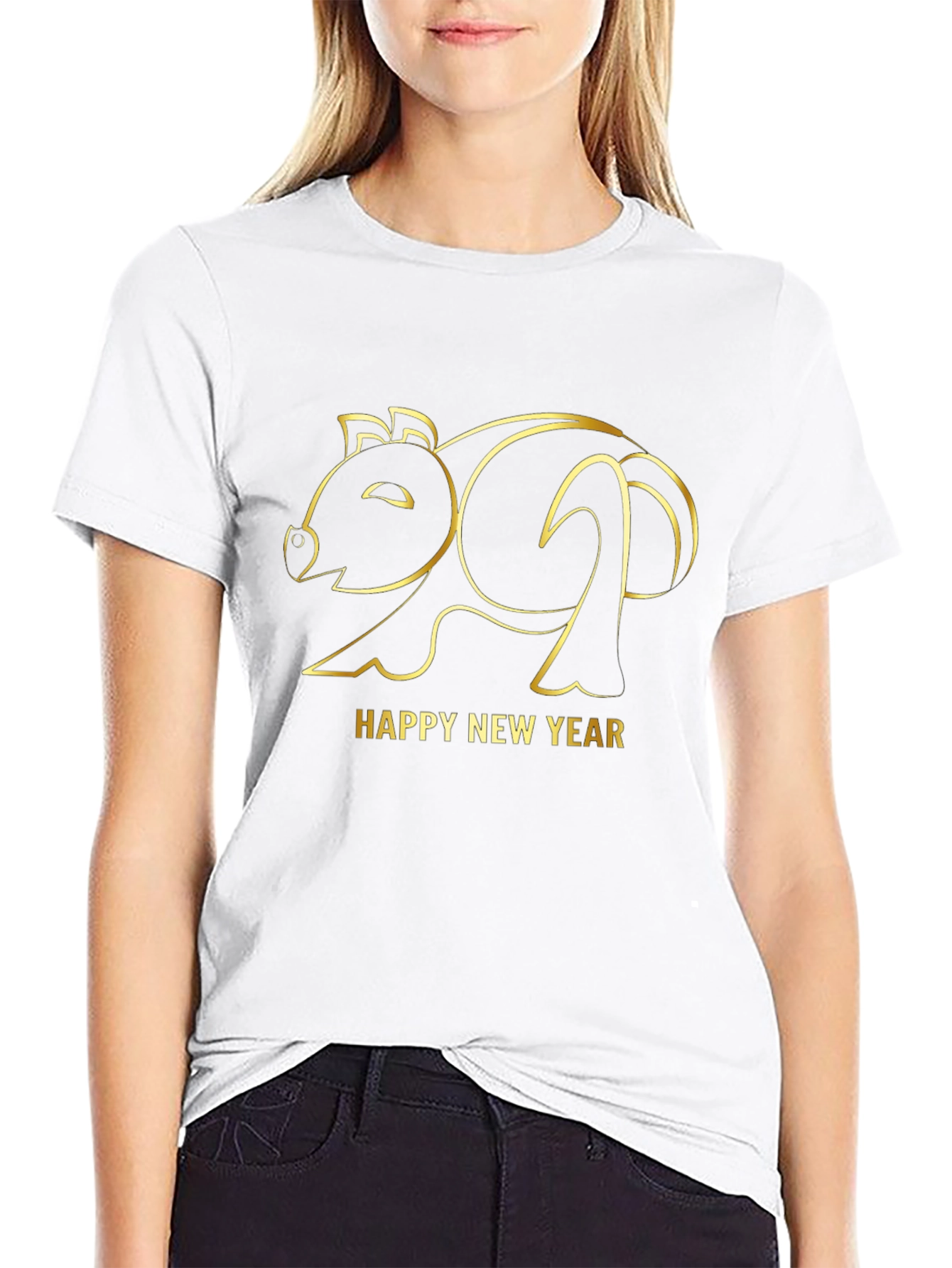 Happy New Year Pig Outline Black T-Shirt