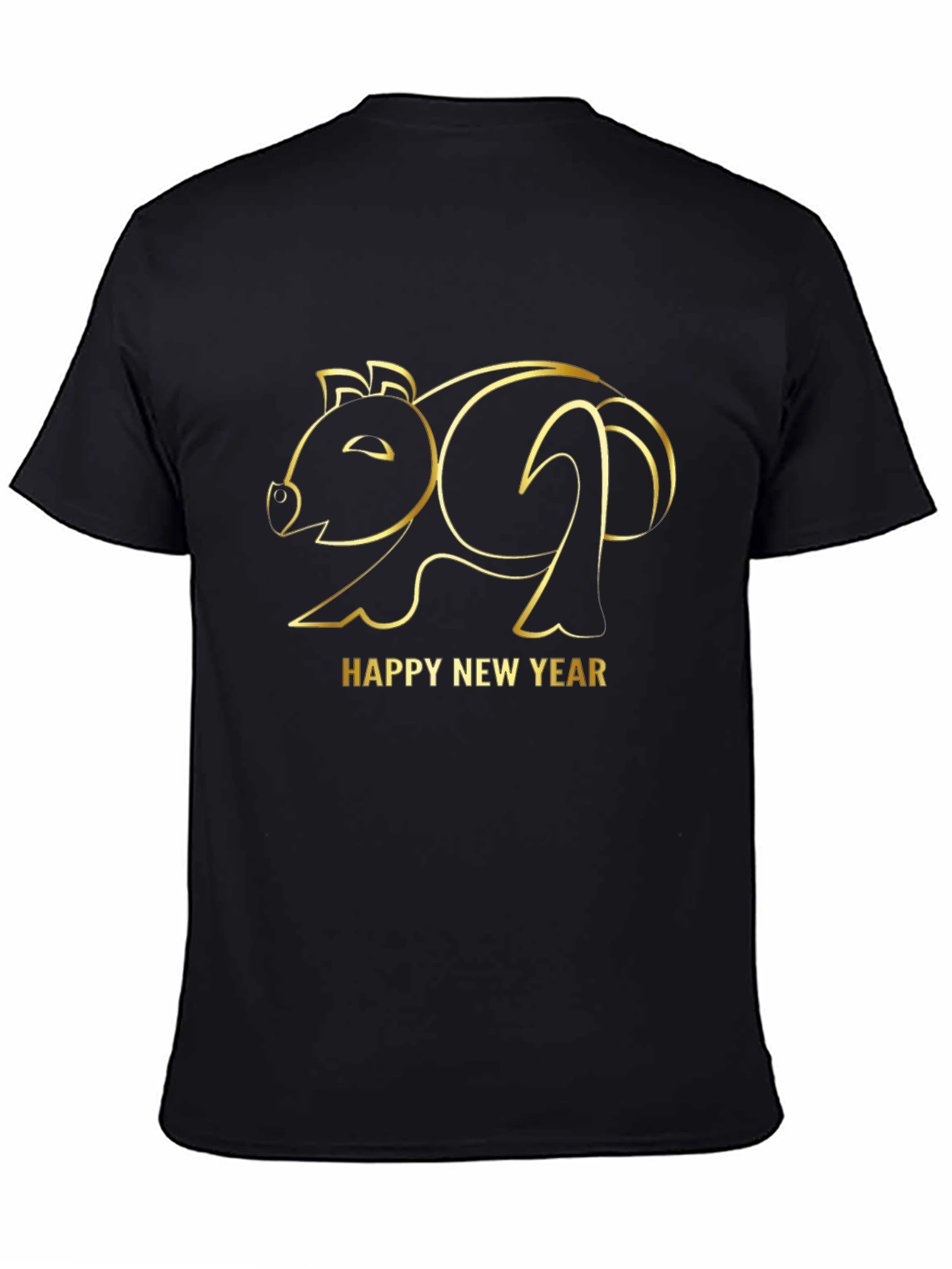 Happy New Year Pig Outline Black T-Shirt