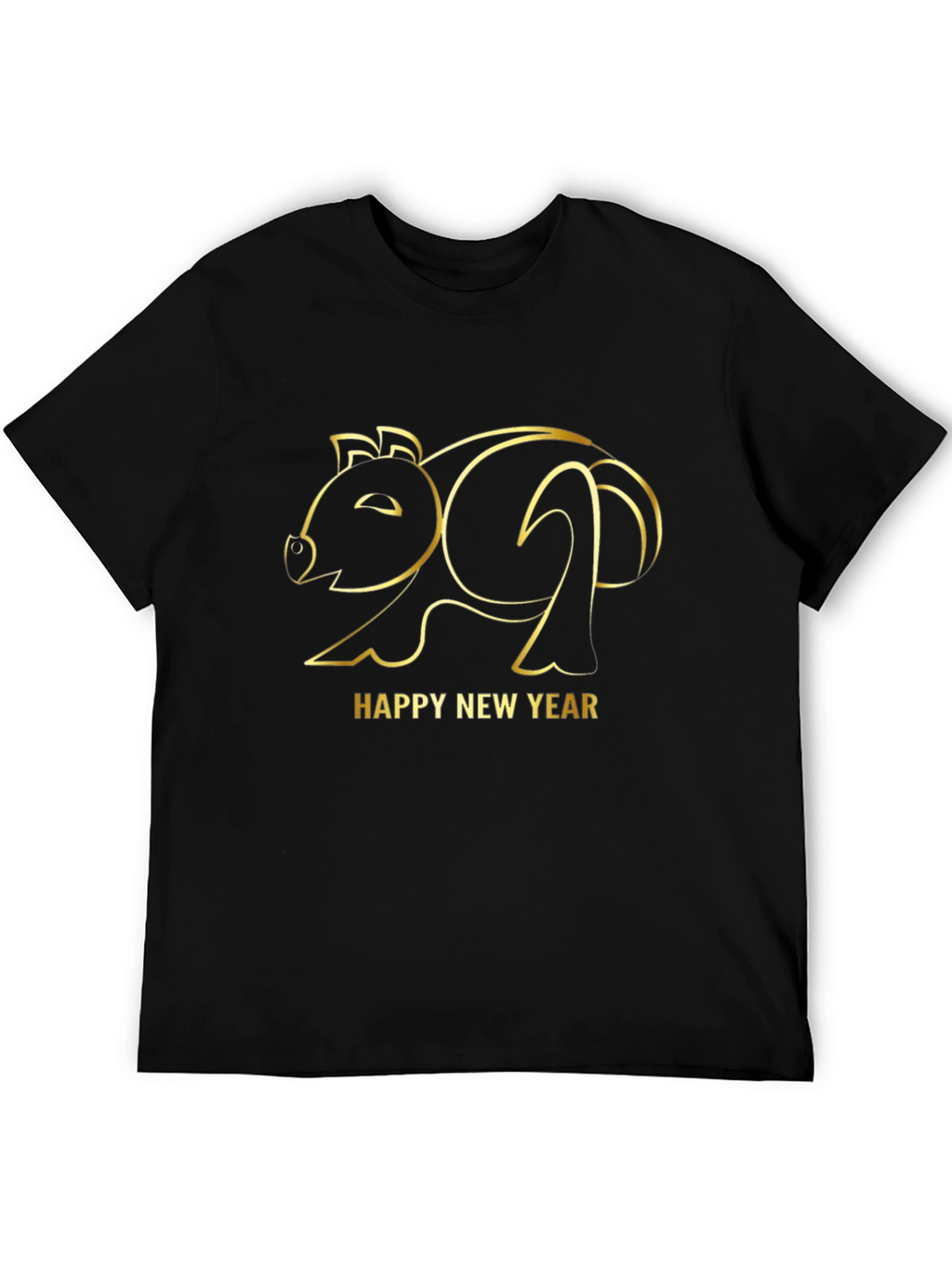 Happy New Year Pig Outline Black T-Shirt