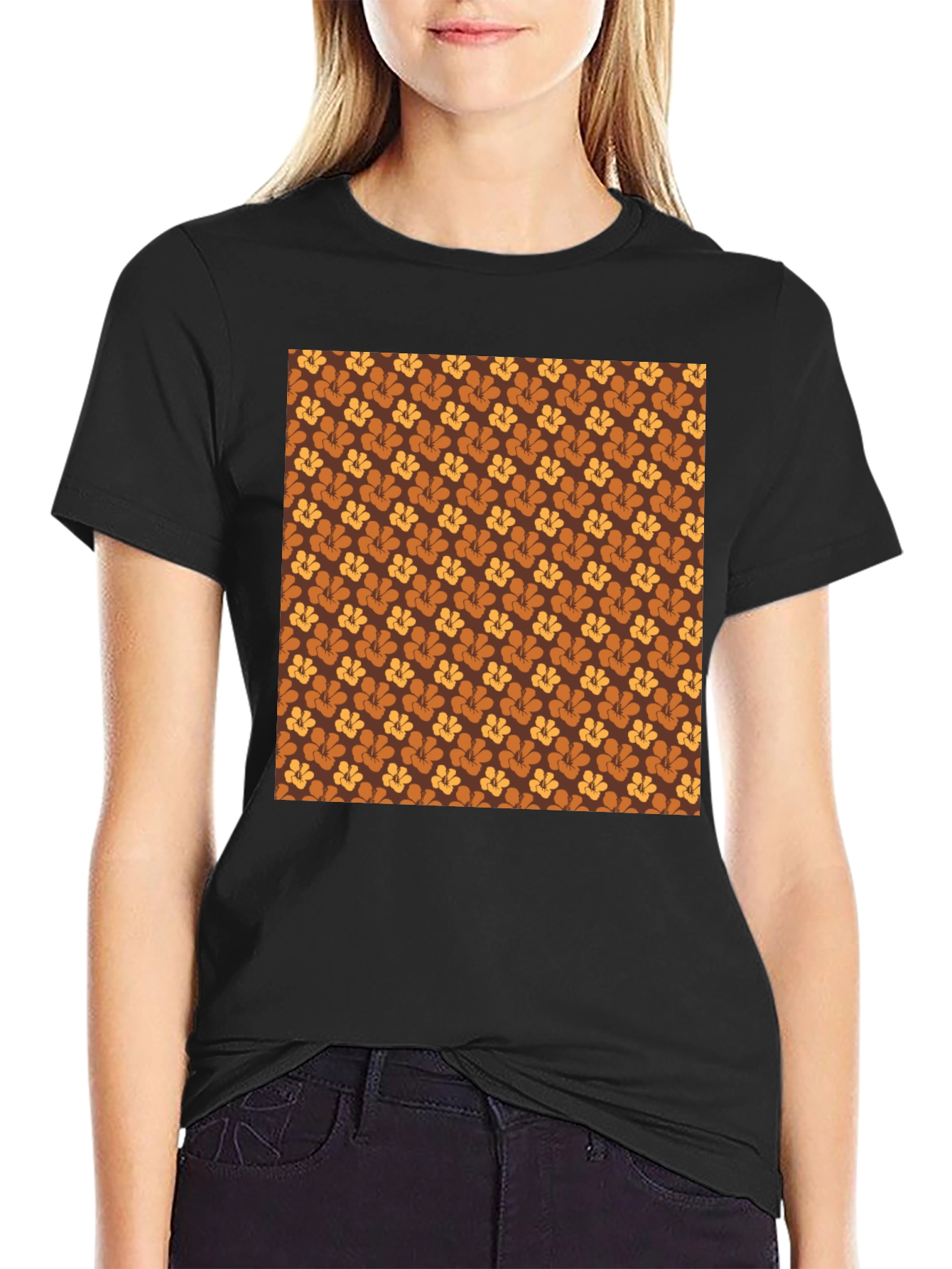 Retro Floral Pattern Black T-Shirt