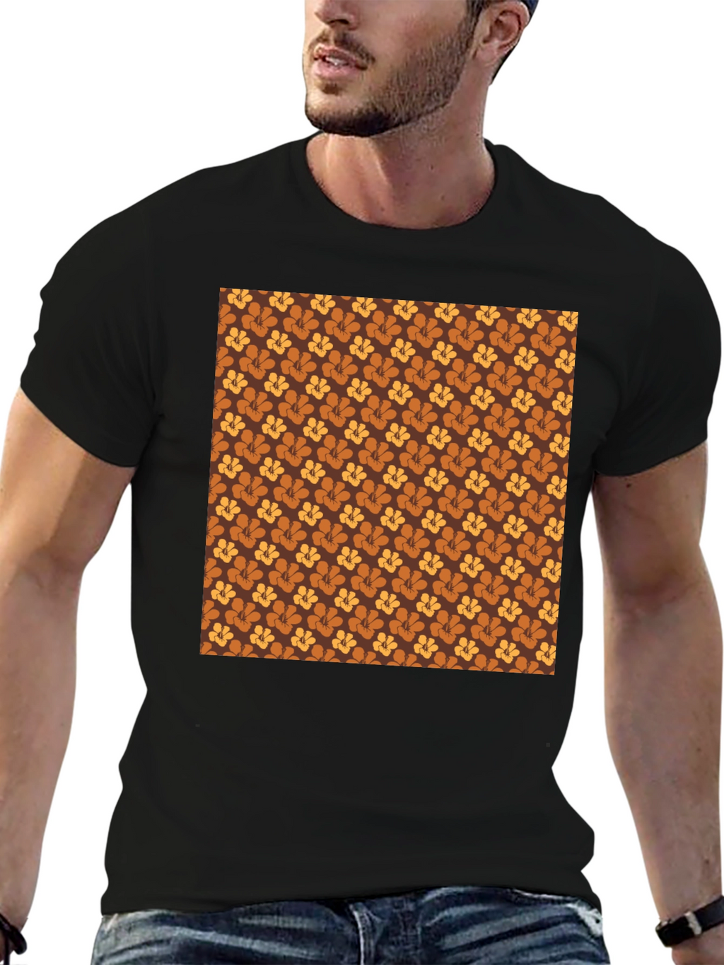 Retro Floral Pattern Black T-Shirt
