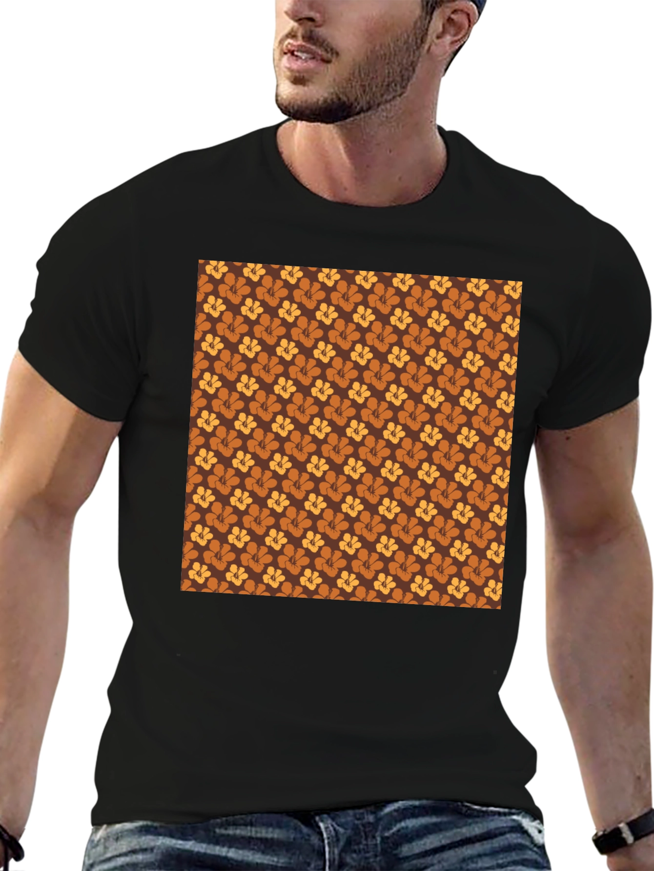 Retro Floral Pattern Black T-Shirt