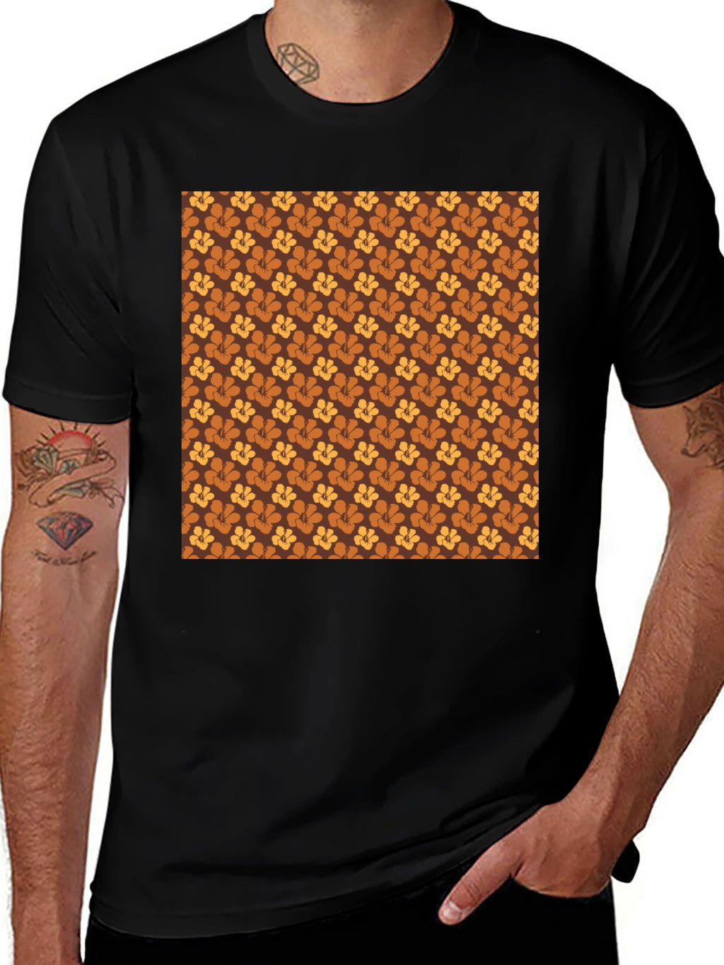 Retro Floral Pattern Black T-Shirt