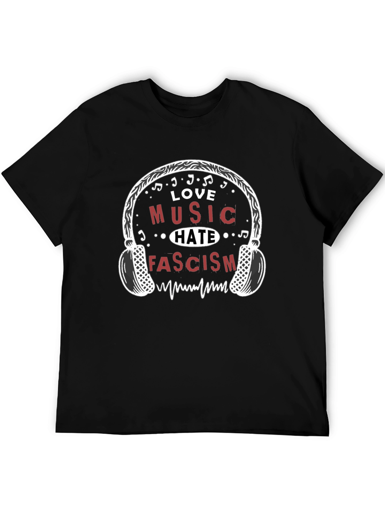 Love Music Hate Fascism Graphic Tee - Black Cotton T-Shirt