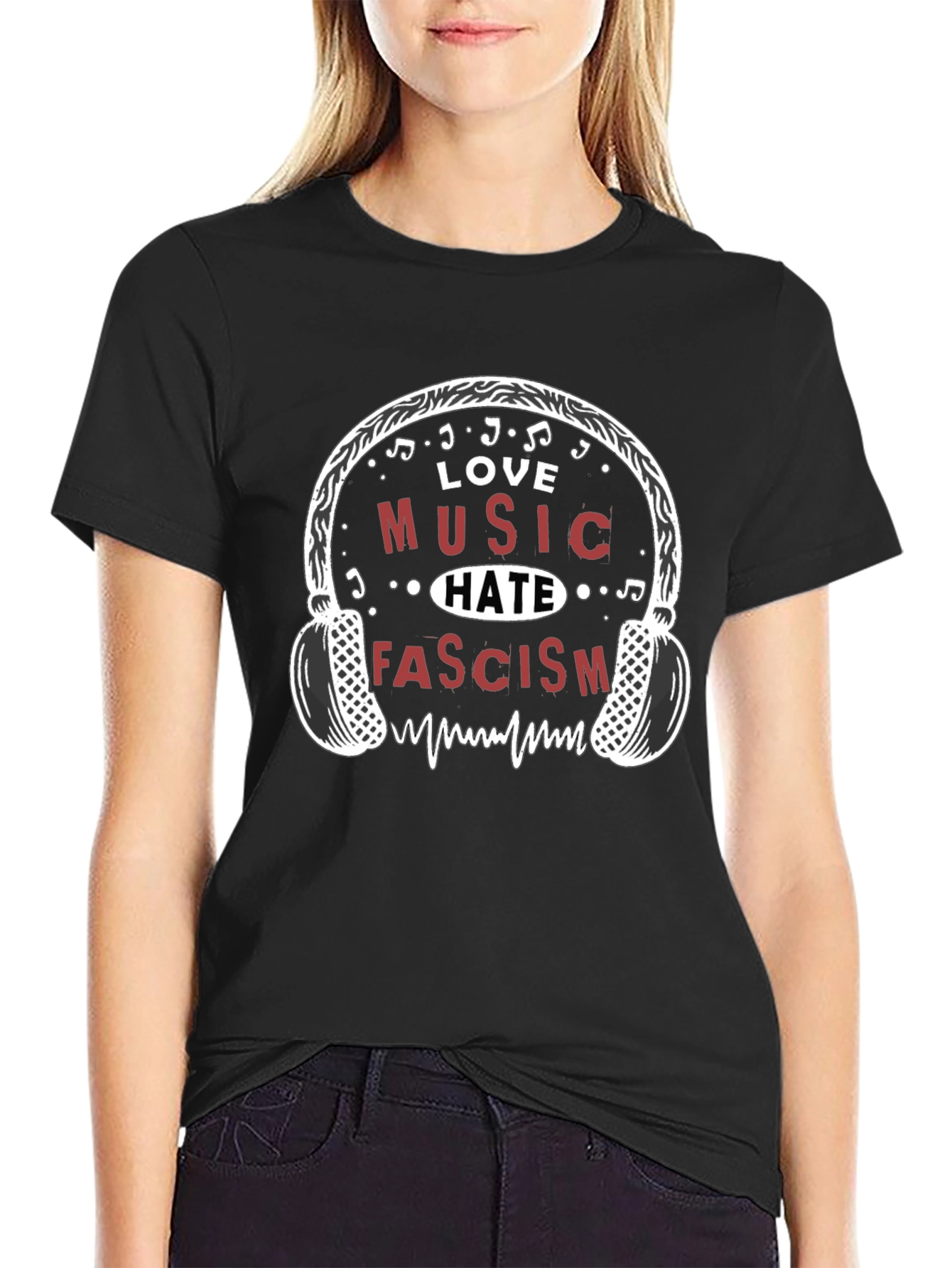 Love Music Hate Fascism Graphic Tee - Black Cotton T-Shirt