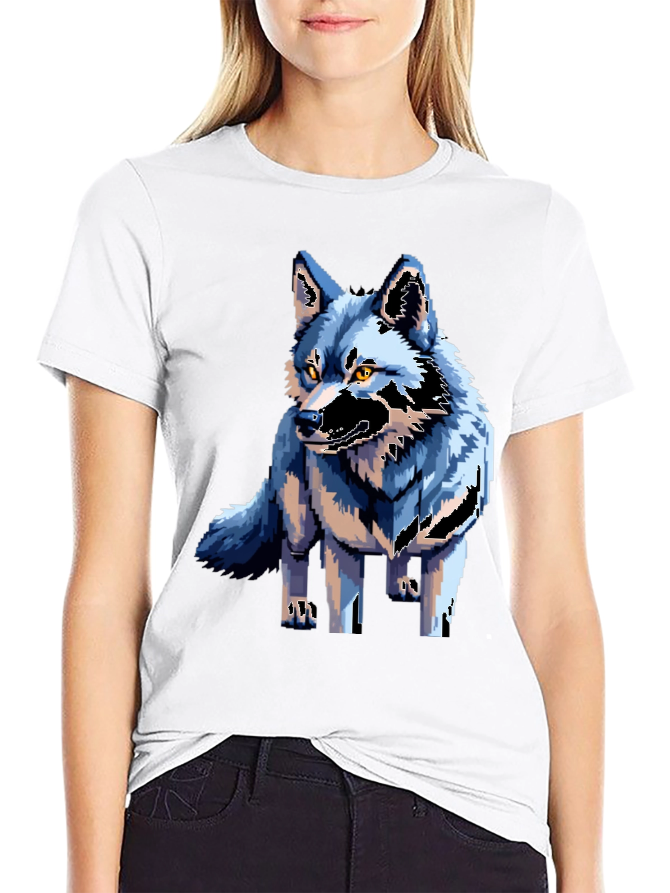 Pixel Art Wolf Graphic Tee - Black