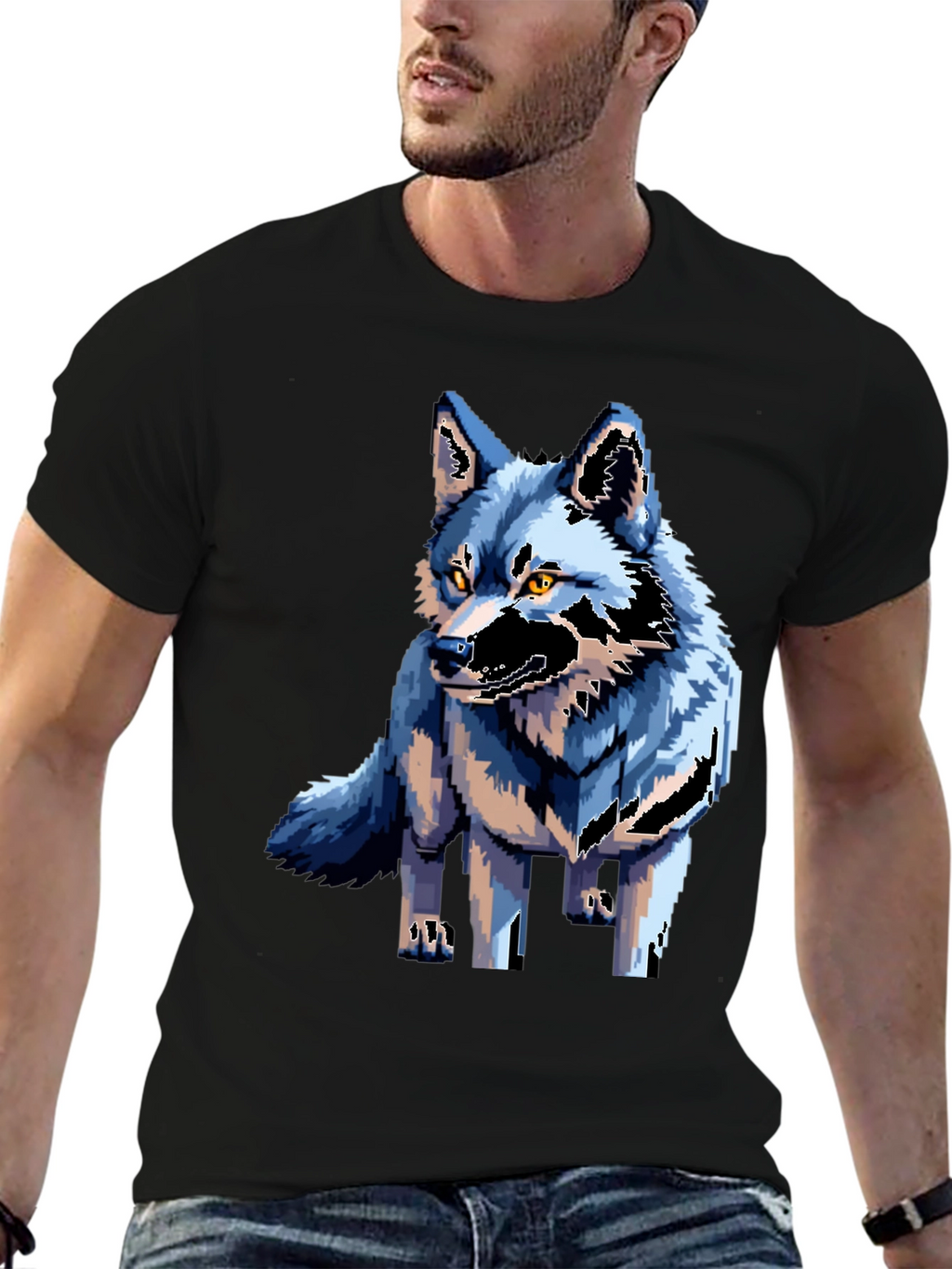 Pixel Art Wolf Graphic Tee - Black