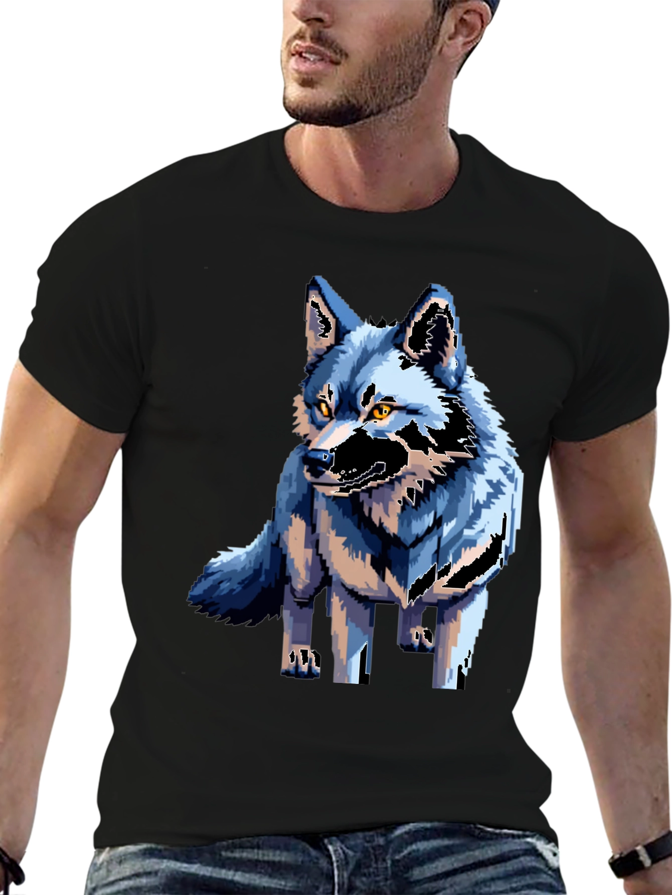 Pixel Art Wolf Graphic Tee - Black