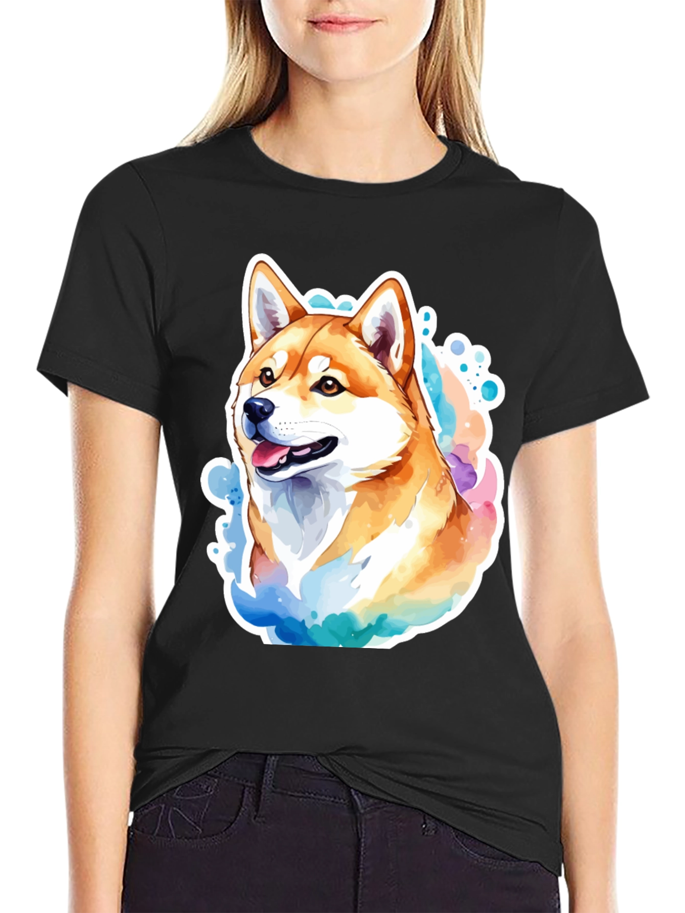 Shiba Inu Watercolor Graphic Black T-Shirt