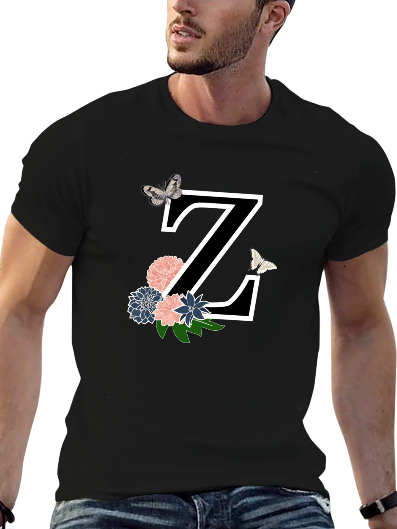 Floral Letter Z Black T-Shirt