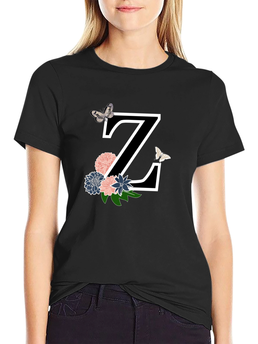 Floral Letter Z Black T-Shirt
