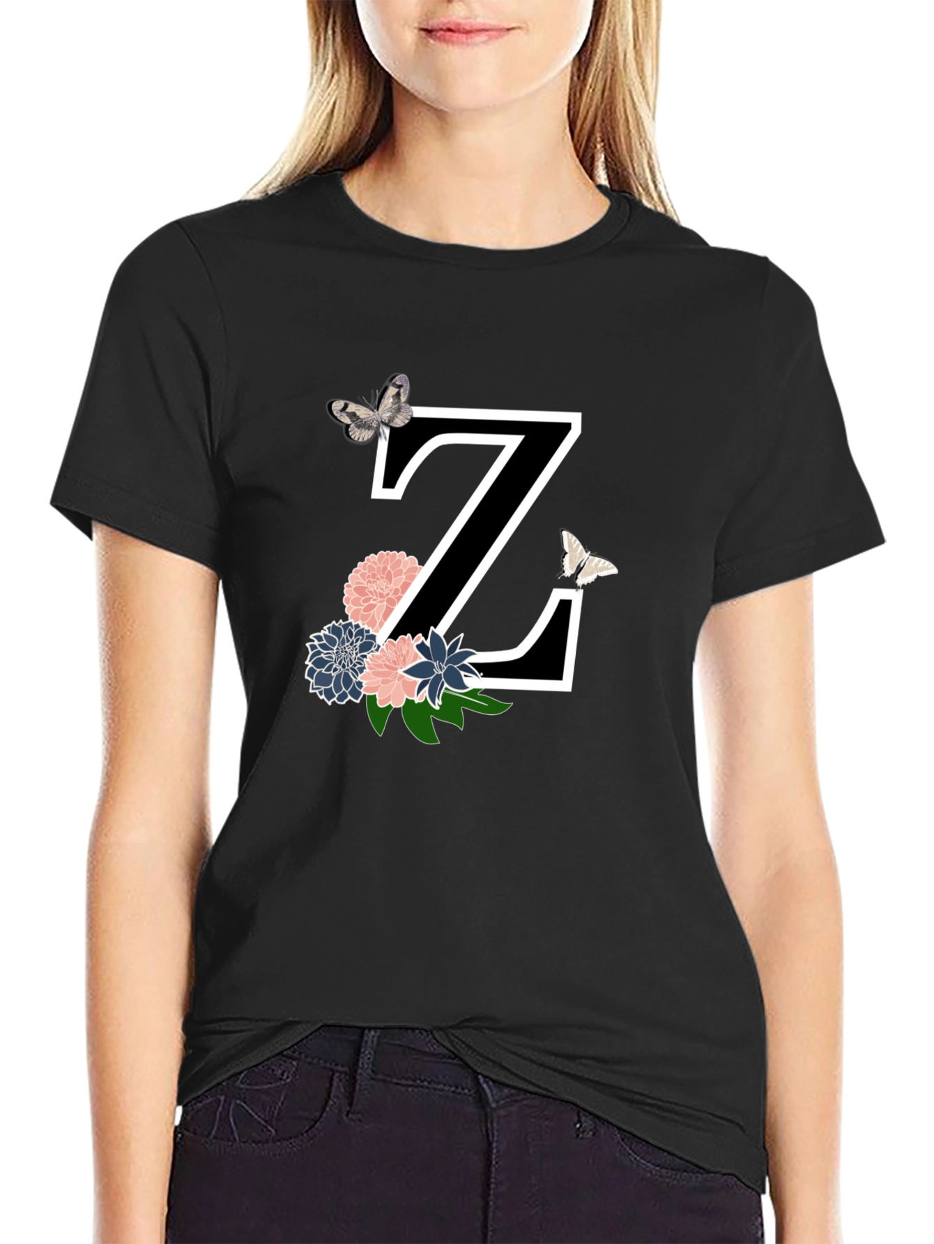 Floral Letter Z Black T-Shirt