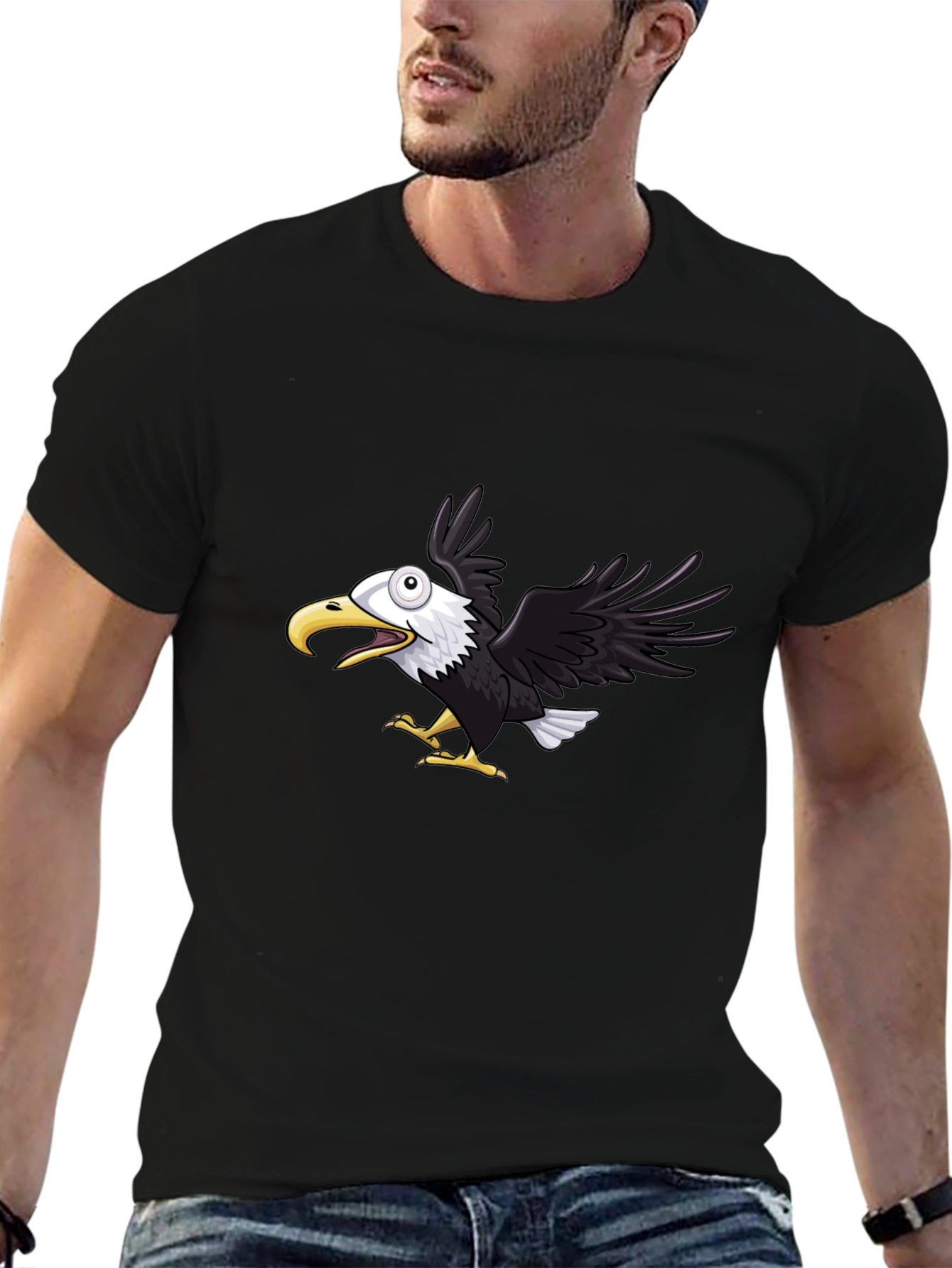 Mens Black Eagle Graphic Tee - Fun Cartoon Design