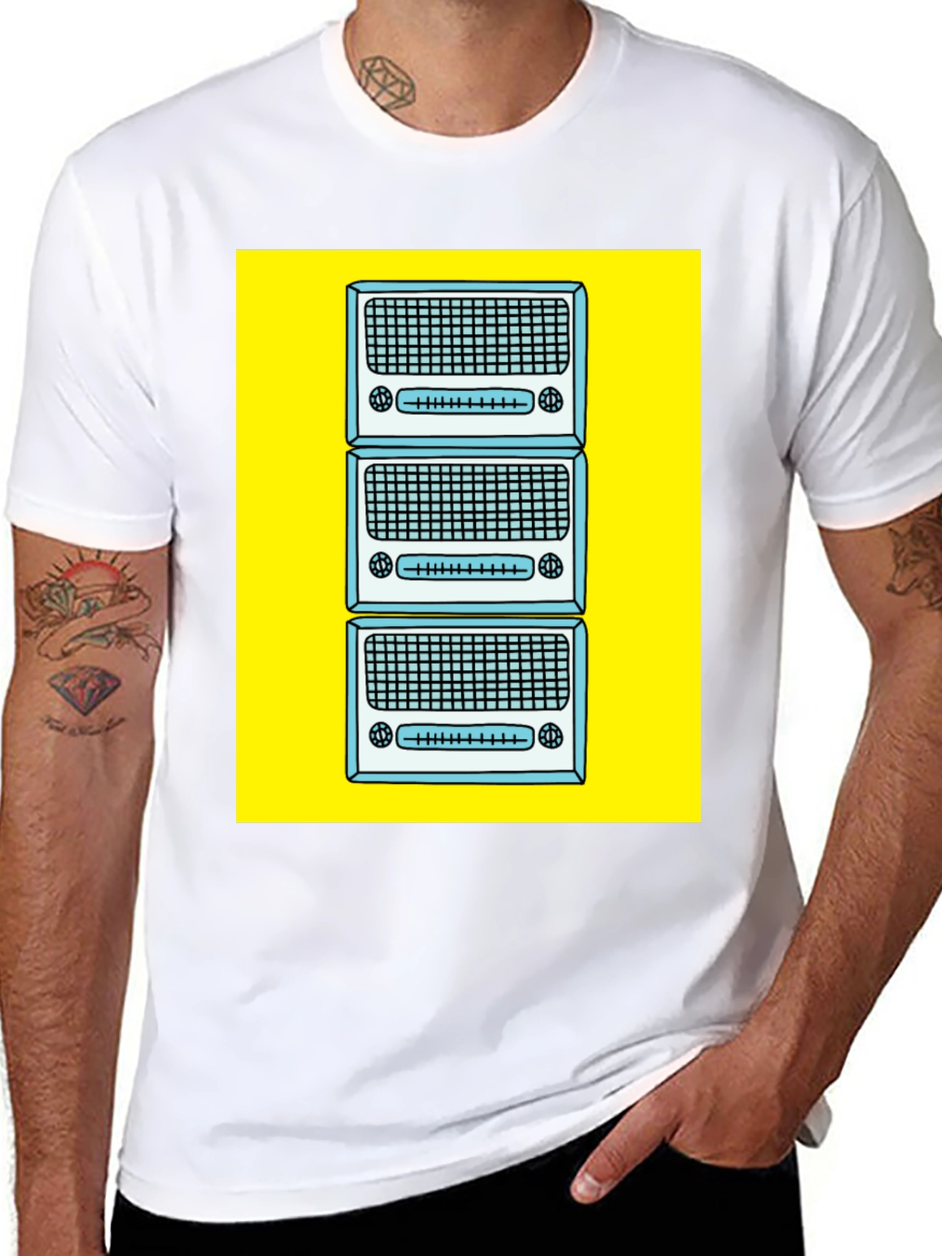 Retro Radio Stack Graphic Tee - Black Cotton T-Shirt