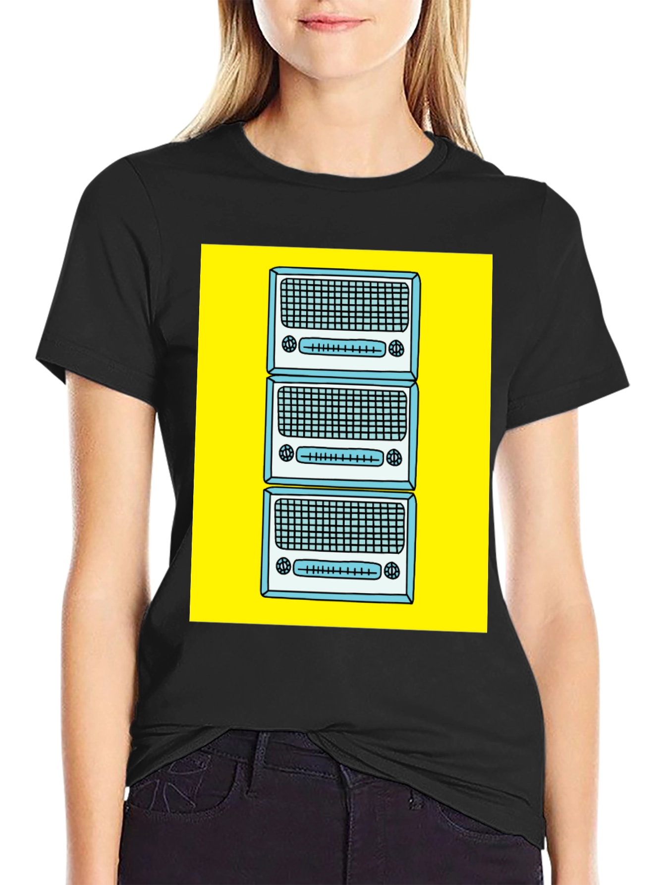 Retro Radio Stack Graphic Tee - Black Cotton T-Shirt
