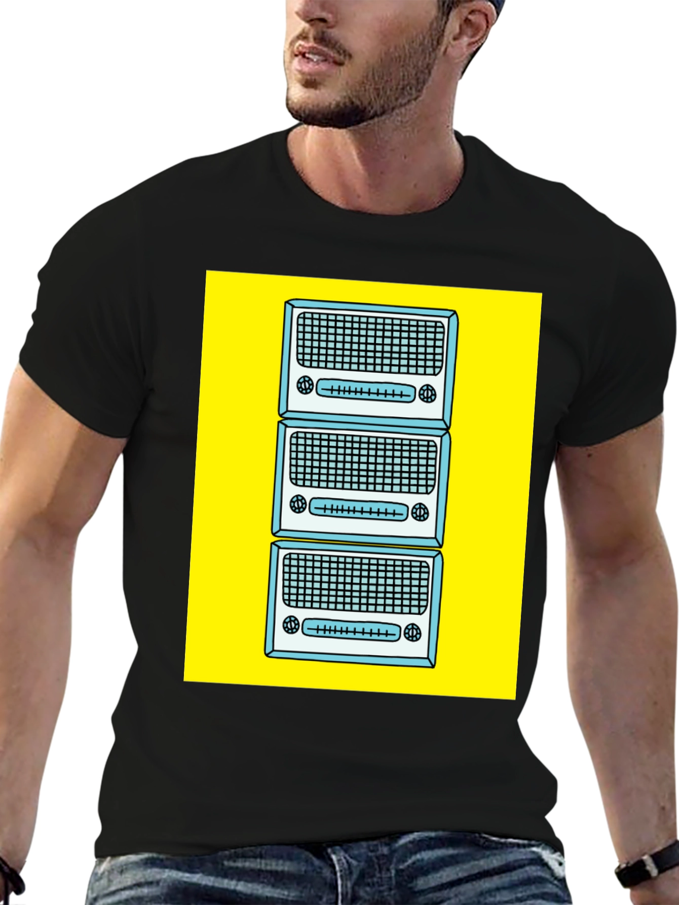 Retro Radio Stack Graphic Tee - Black Cotton T-Shirt