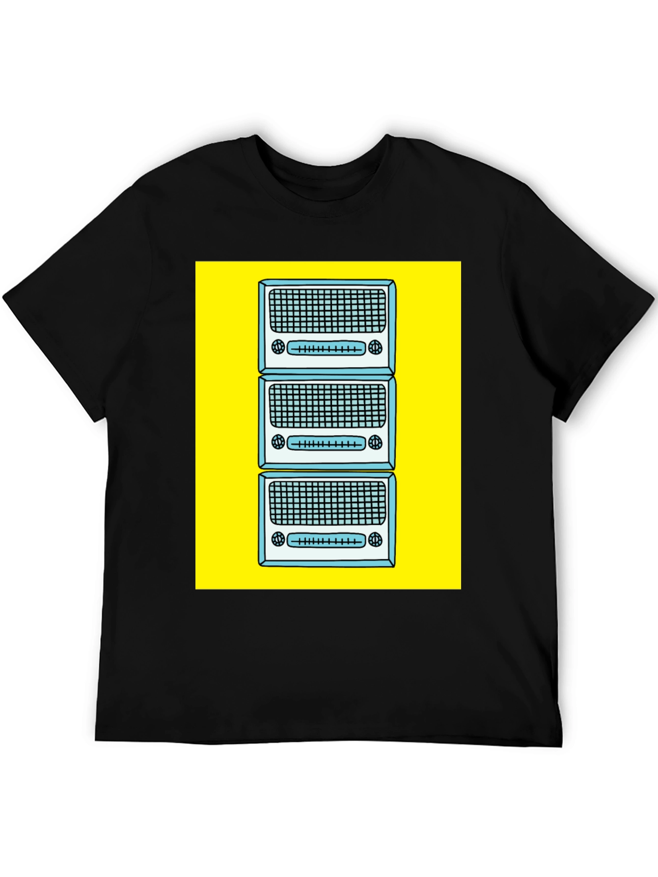 Retro Radio Stack Graphic Tee - Black Cotton T-Shirt
