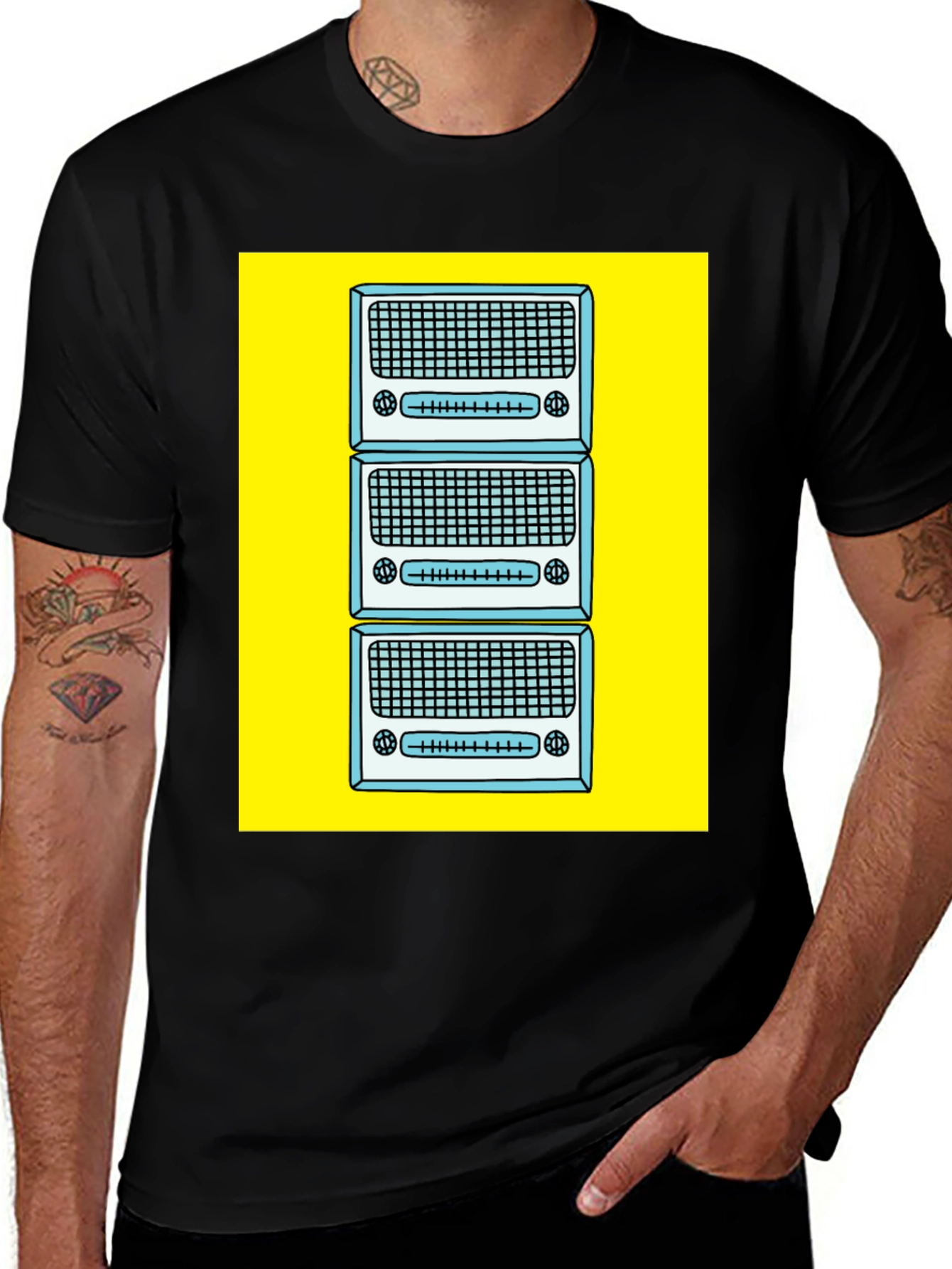 Retro Radio Stack Graphic Tee - Black Cotton T-Shirt