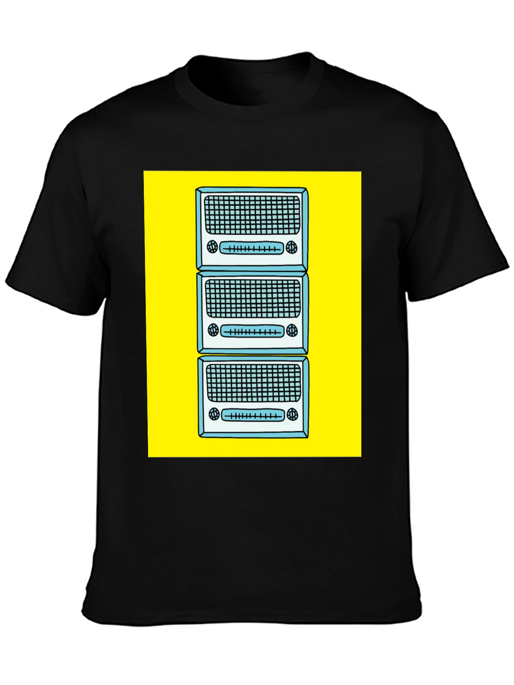 Retro Radio Stack Graphic Tee - Black Cotton T-Shirt