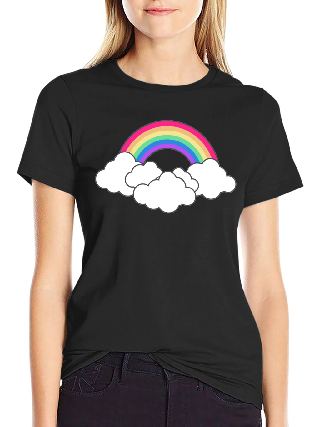 Rainbow Cloud Graphic Tee - Black Cotton T-Shirt