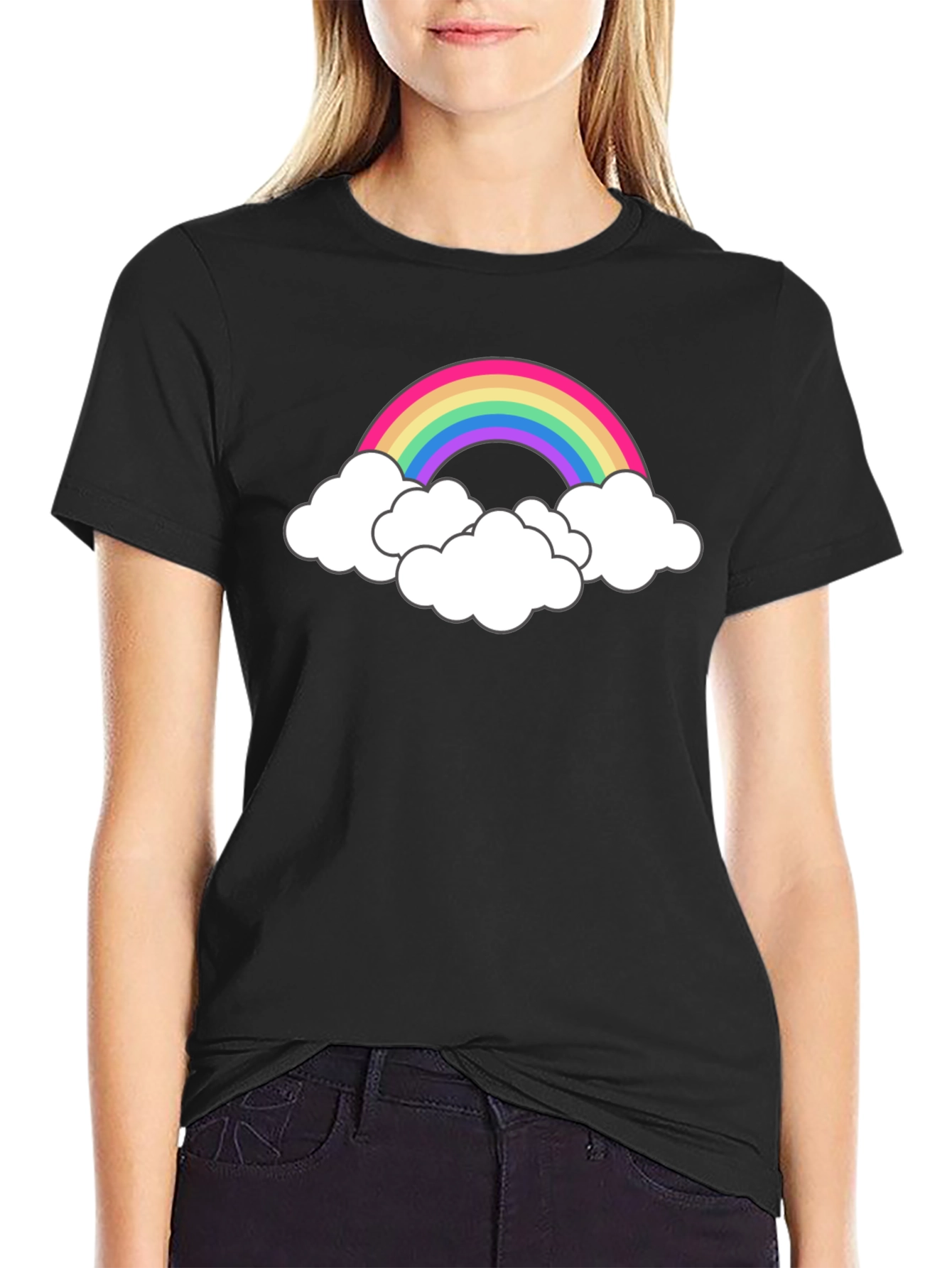 Rainbow Cloud Graphic Tee - Black Cotton T-Shirt