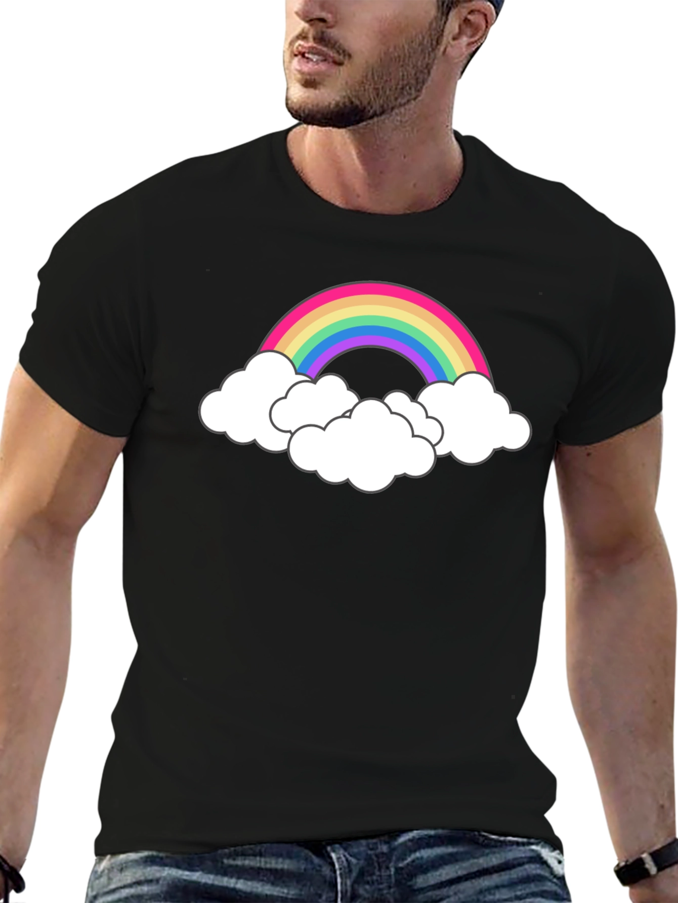 Rainbow Cloud Graphic Tee - Black Cotton T-Shirt