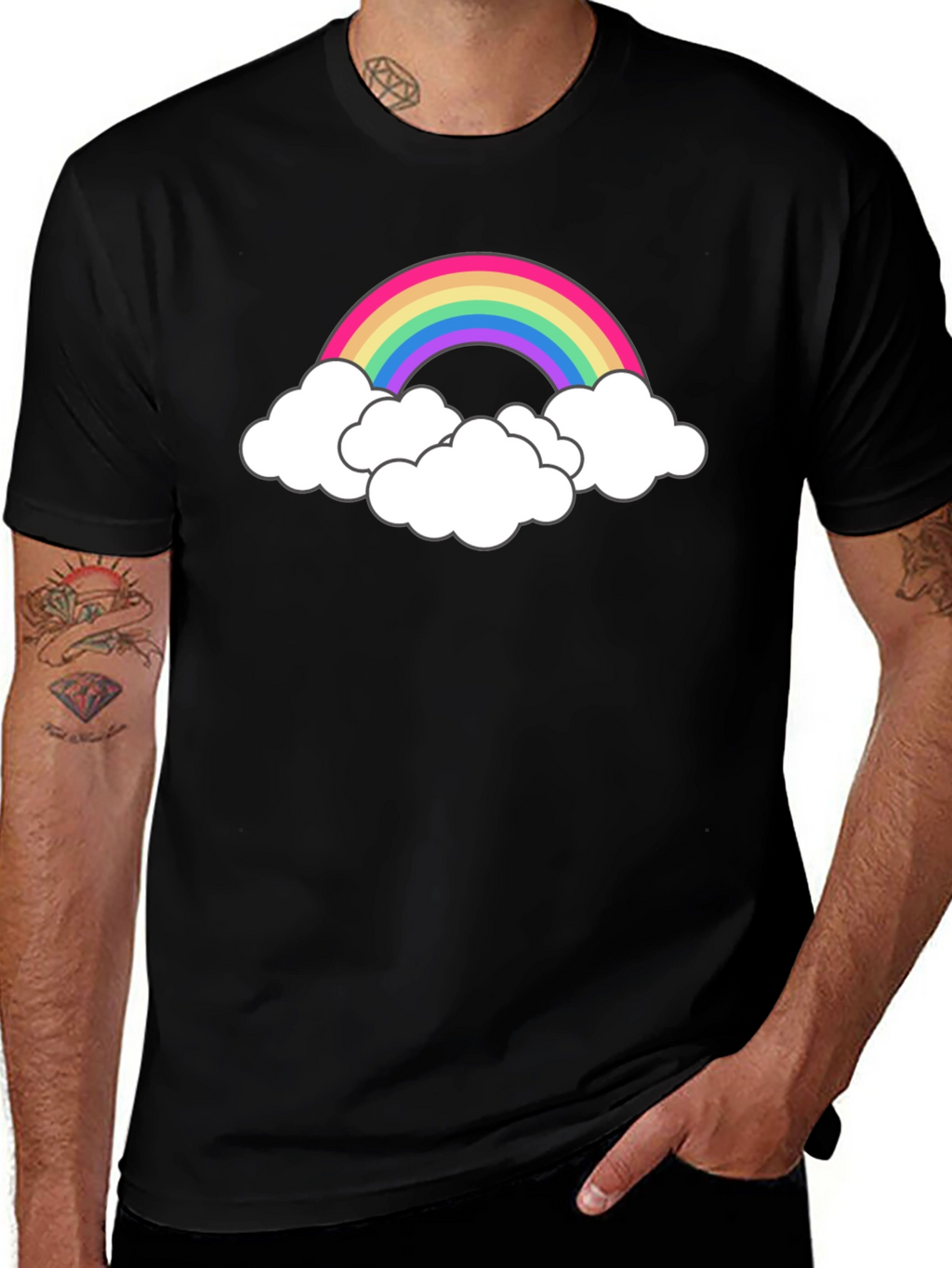 Rainbow Cloud Graphic Tee - Black Cotton T-Shirt