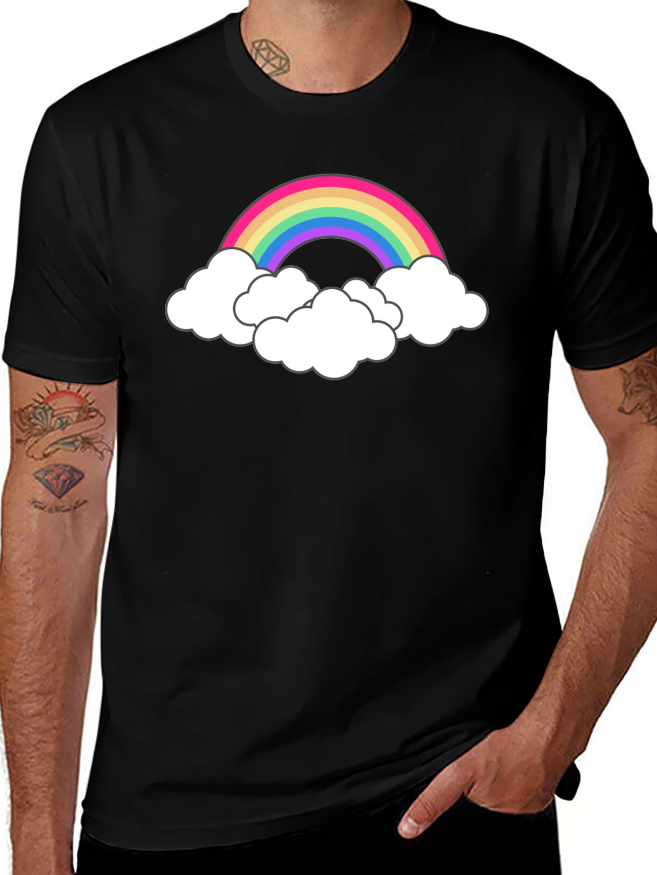 Rainbow Cloud Graphic Tee - Black Cotton T-Shirt