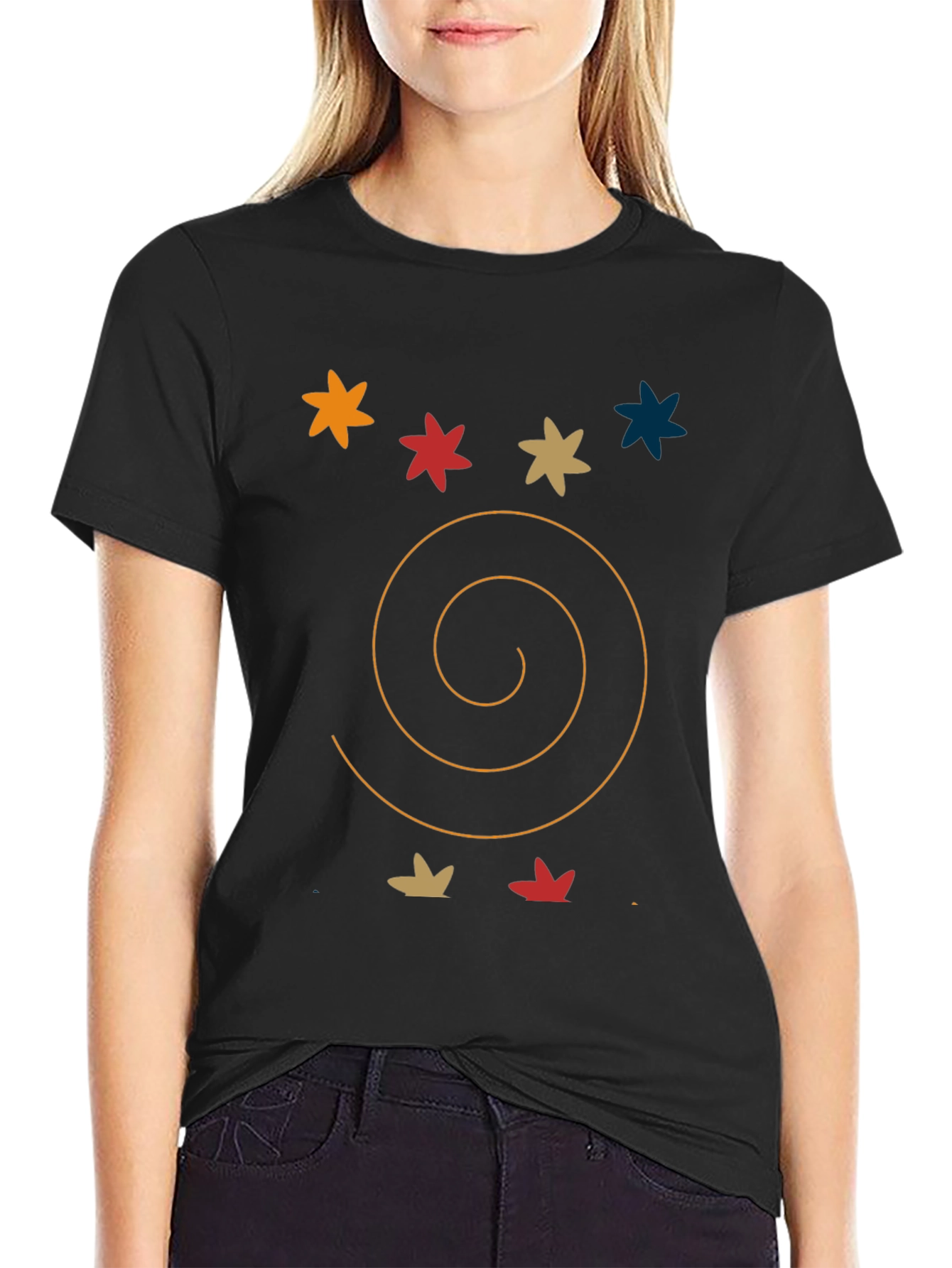 Abstract Graphic Tee: Star & Spiral Black T-Shirt