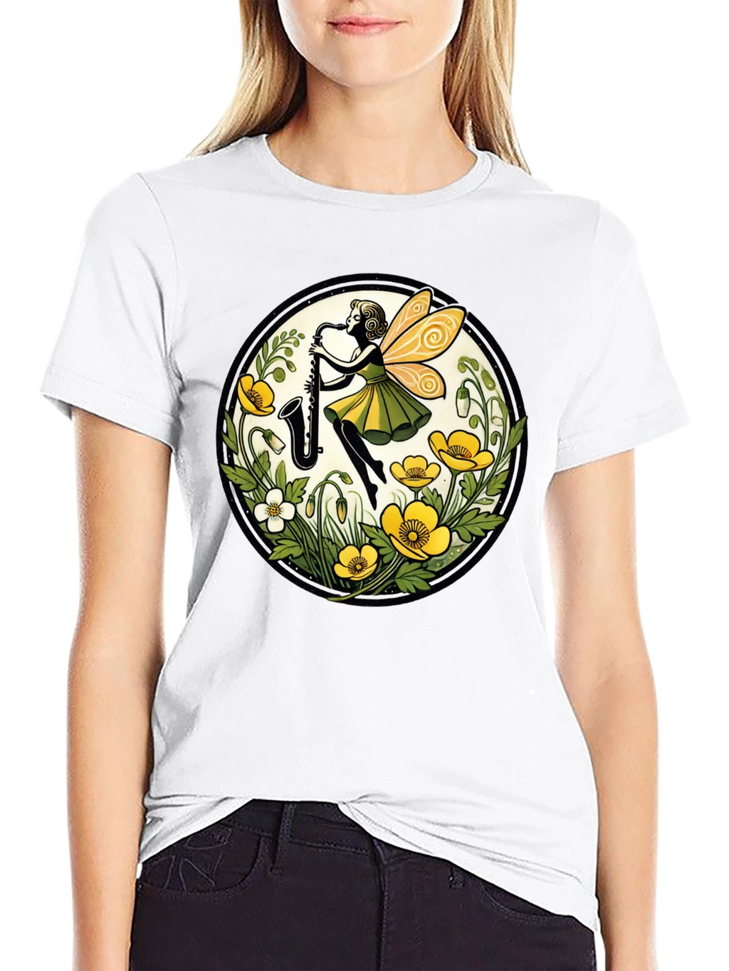 Fairy Sax Player Graphic Tee - Whimsical Black T-Shirt