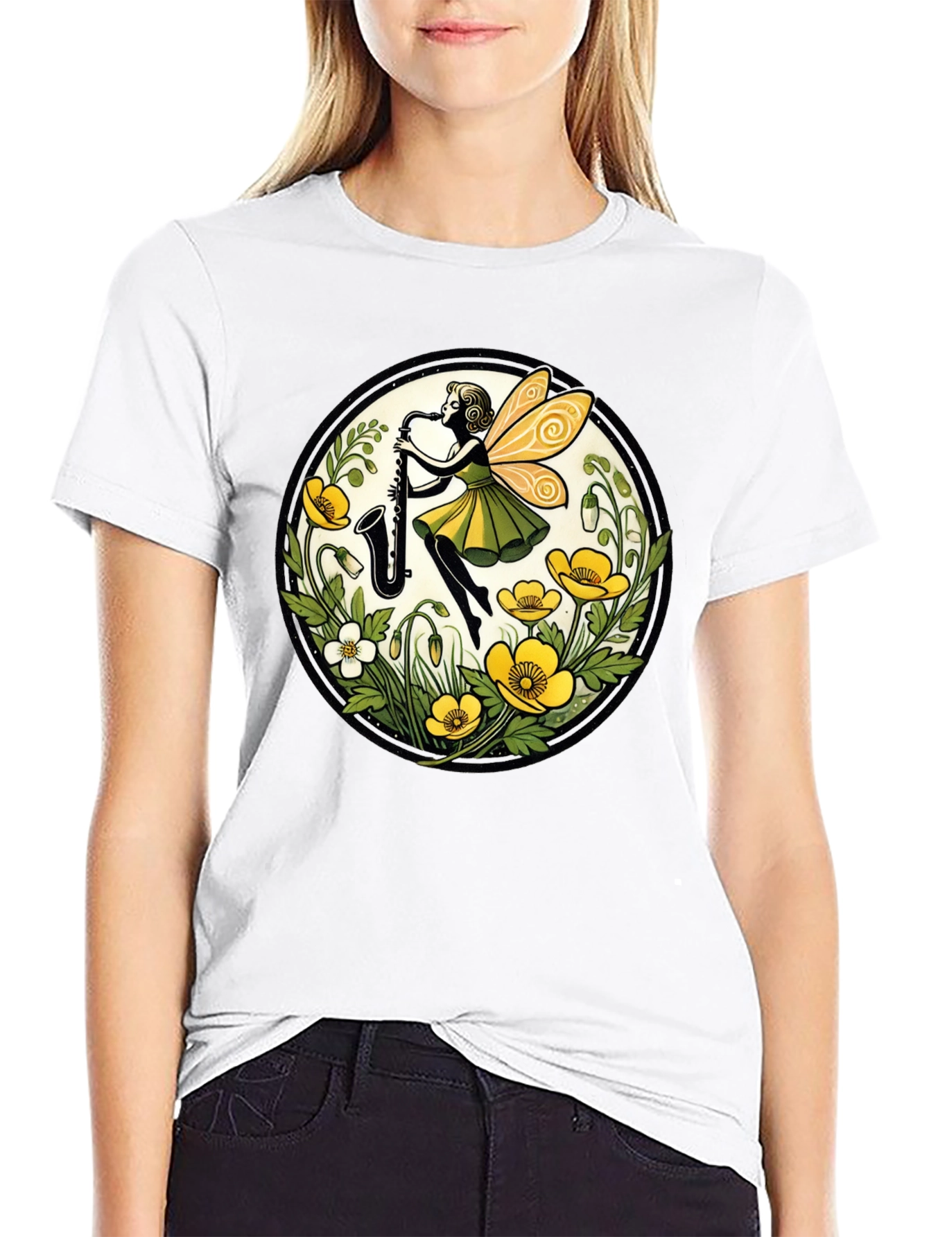 Fairy Sax Player Graphic Tee - Whimsical Black T-Shirt