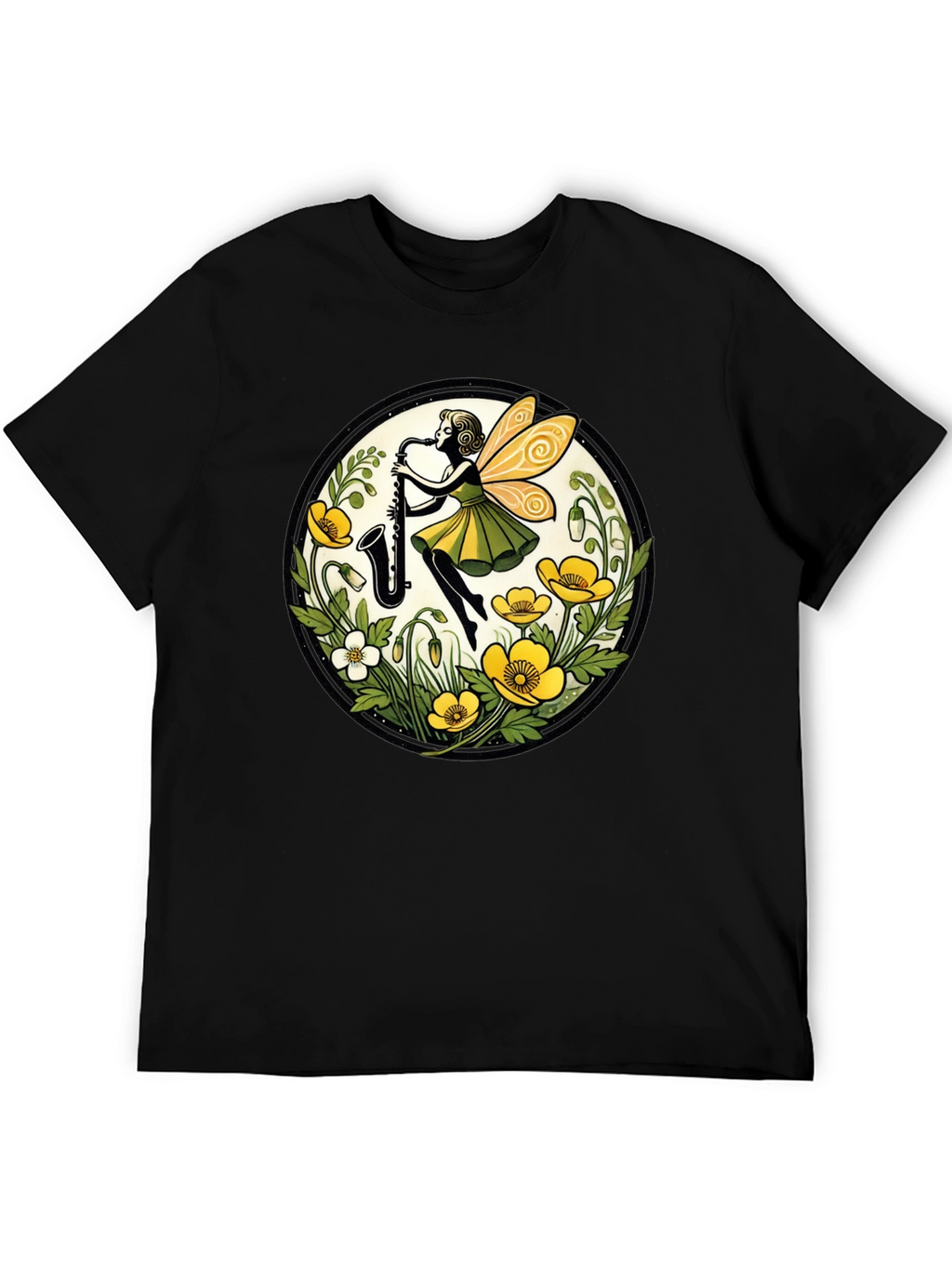 Fairy Sax Player Graphic Tee - Whimsical Black T-Shirt