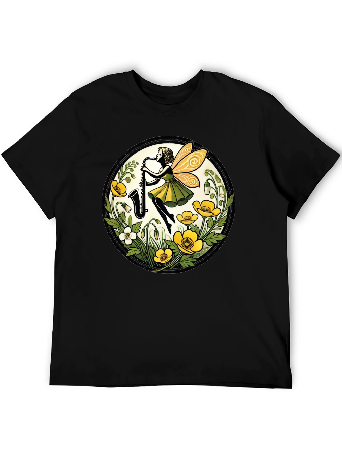 Fairy Sax Player Graphic Tee - Whimsical Black T-Shirt