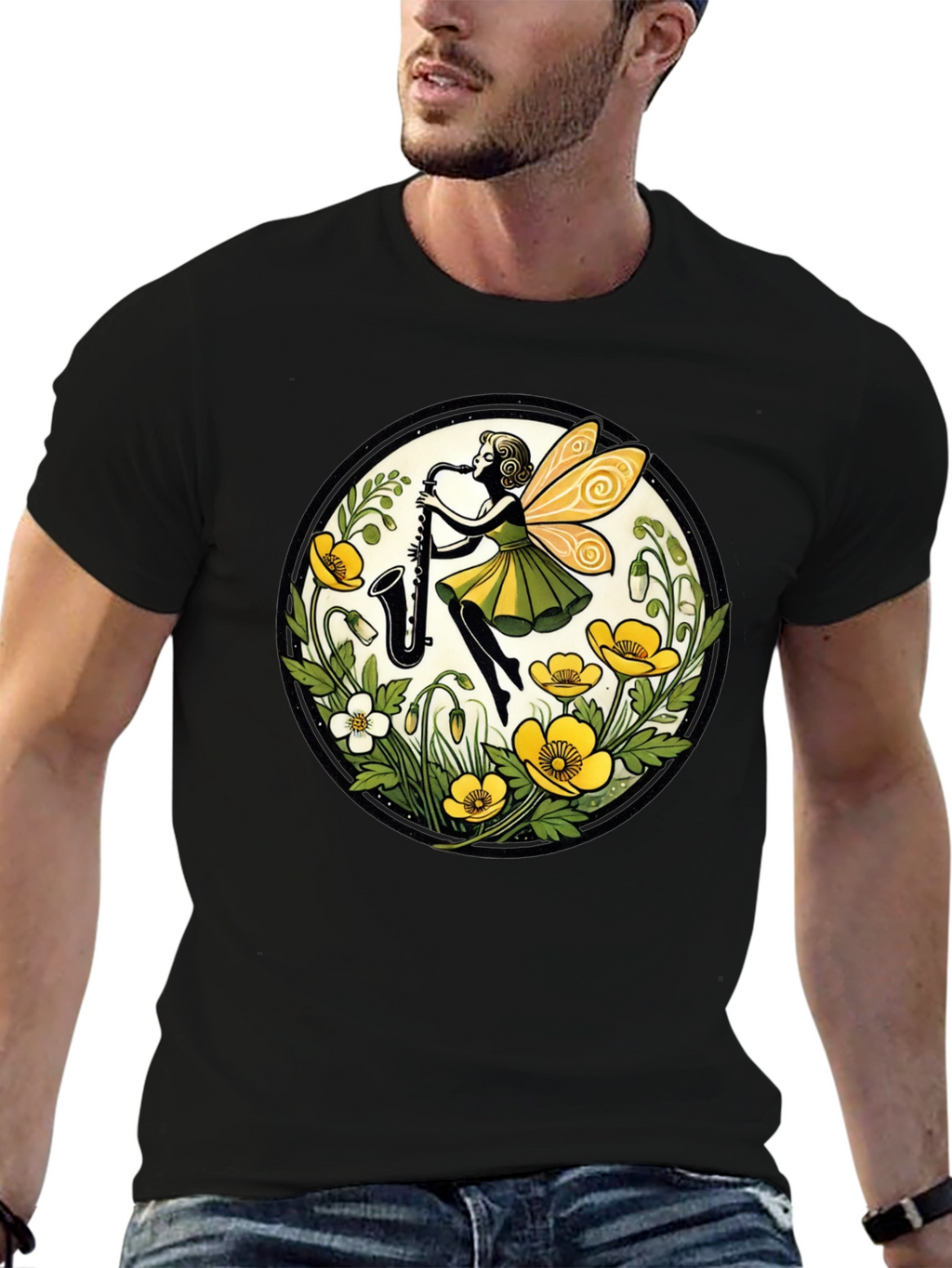 Fairy Sax Player Graphic Tee - Whimsical Black T-Shirt