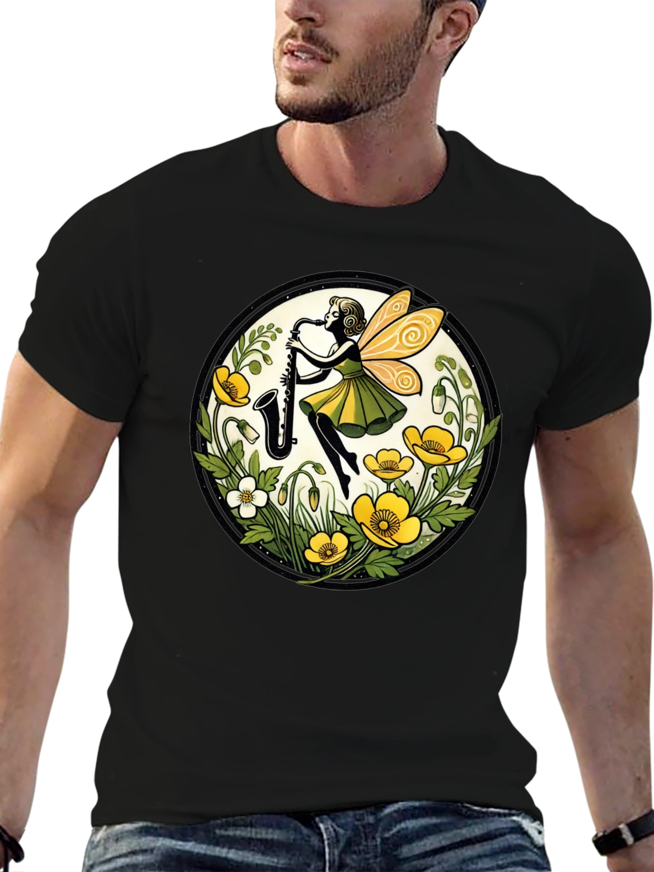 Fairy Sax Player Graphic Tee - Whimsical Black T-Shirt