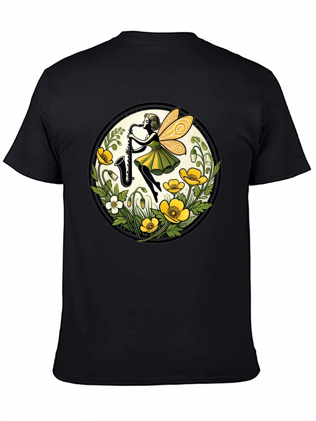 Fairy Sax Player Graphic Tee - Whimsical Black T-Shirt