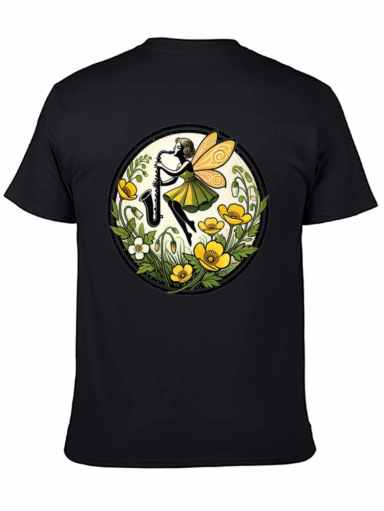 Fairy Sax Player Graphic Tee - Whimsical Black T-Shirt