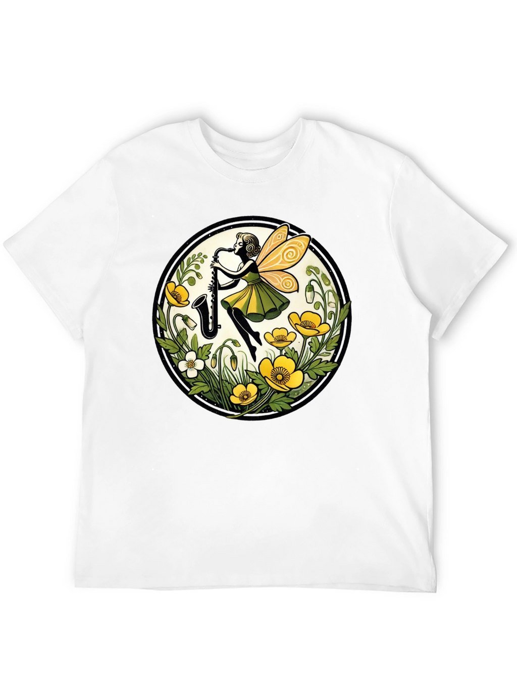 Fairy Sax Player Graphic Tee - Whimsical Black T-Shirt
