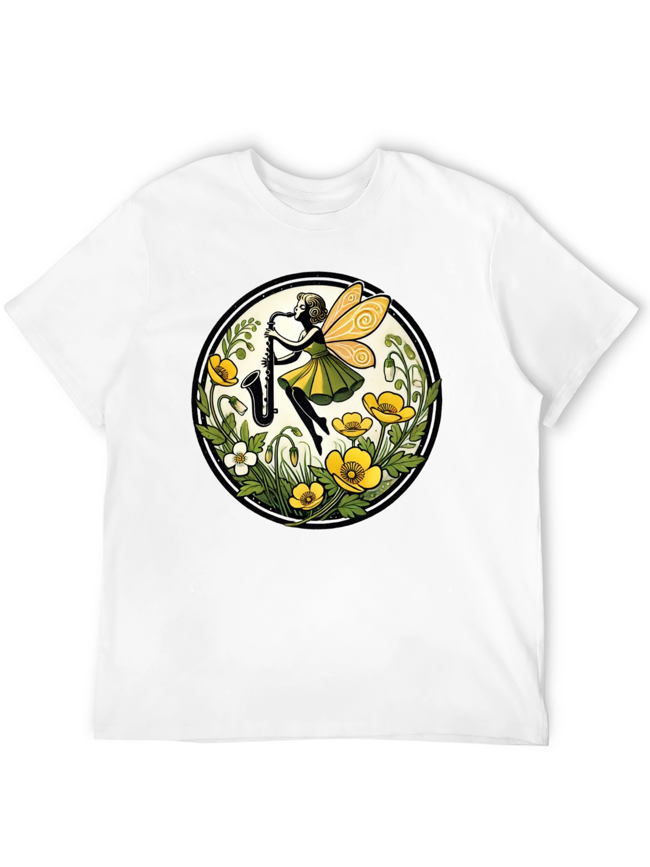 Fairy Sax Player Graphic Tee - Whimsical Black T-Shirt