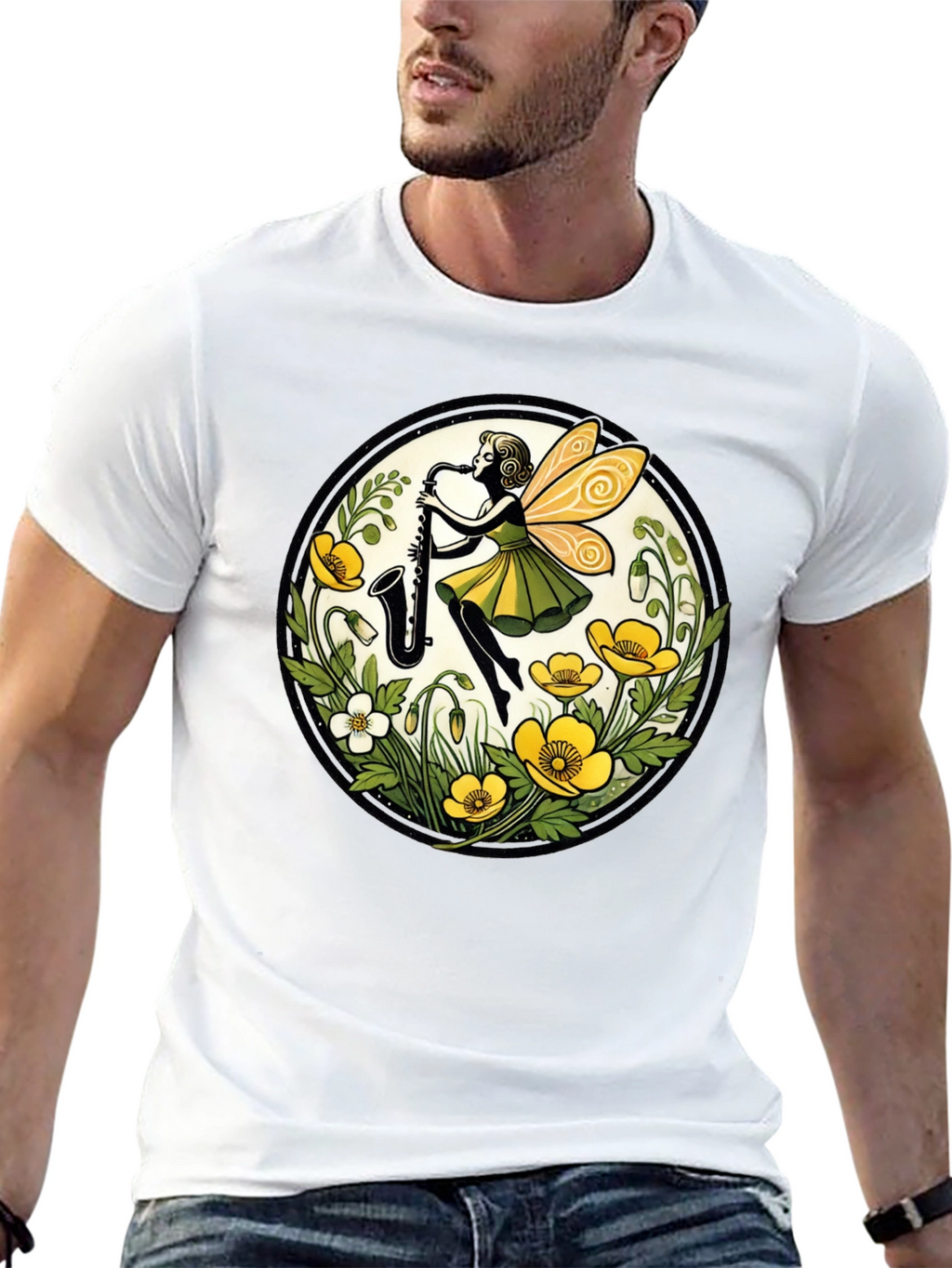 Fairy Sax Player Graphic Tee - Whimsical Black T-Shirt