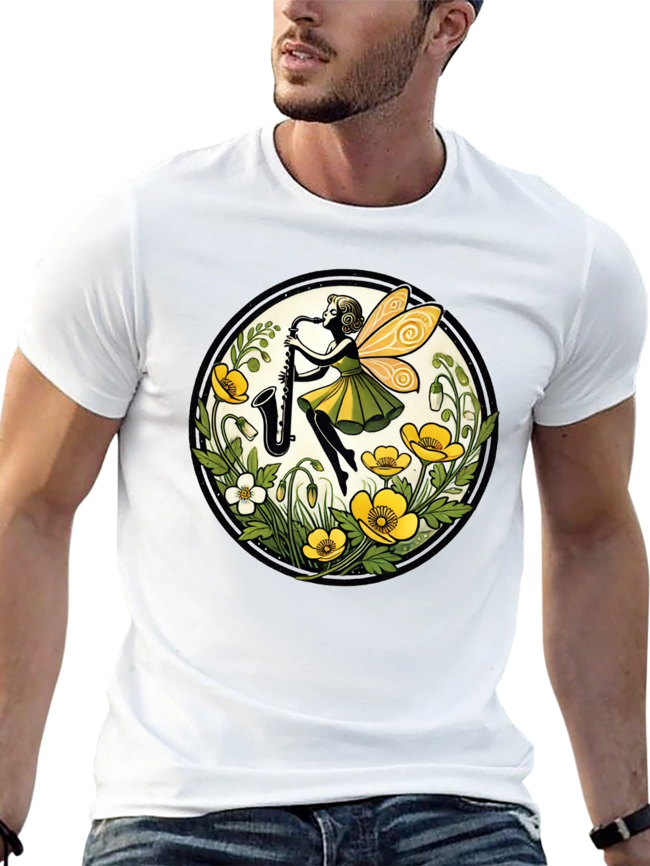 Fairy Sax Player Graphic Tee - Whimsical Black T-Shirt