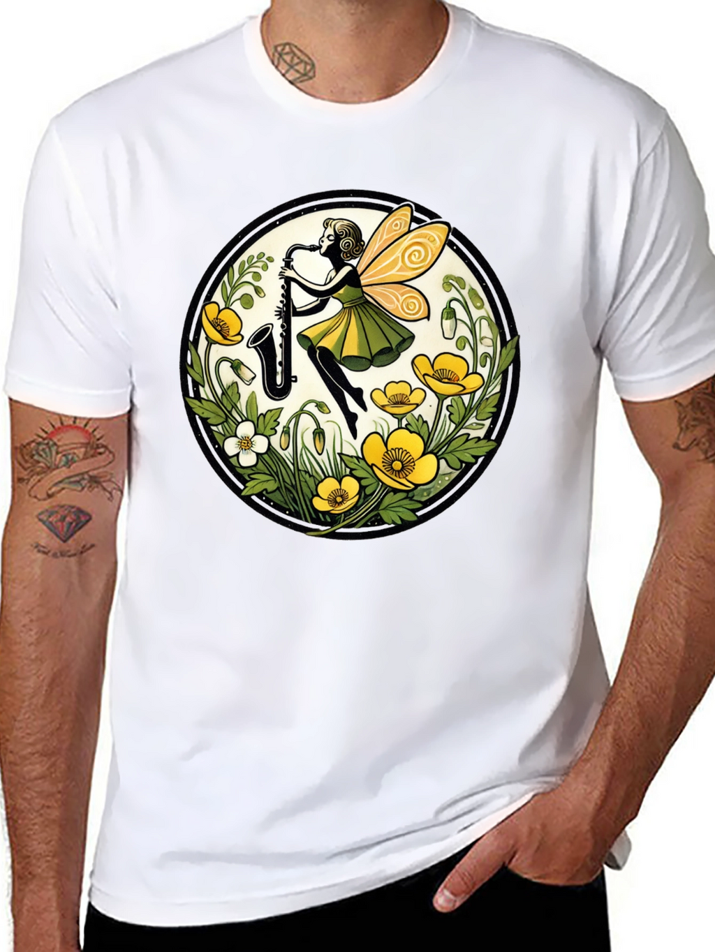 Fairy Sax Player Graphic Tee - Whimsical Black T-Shirt