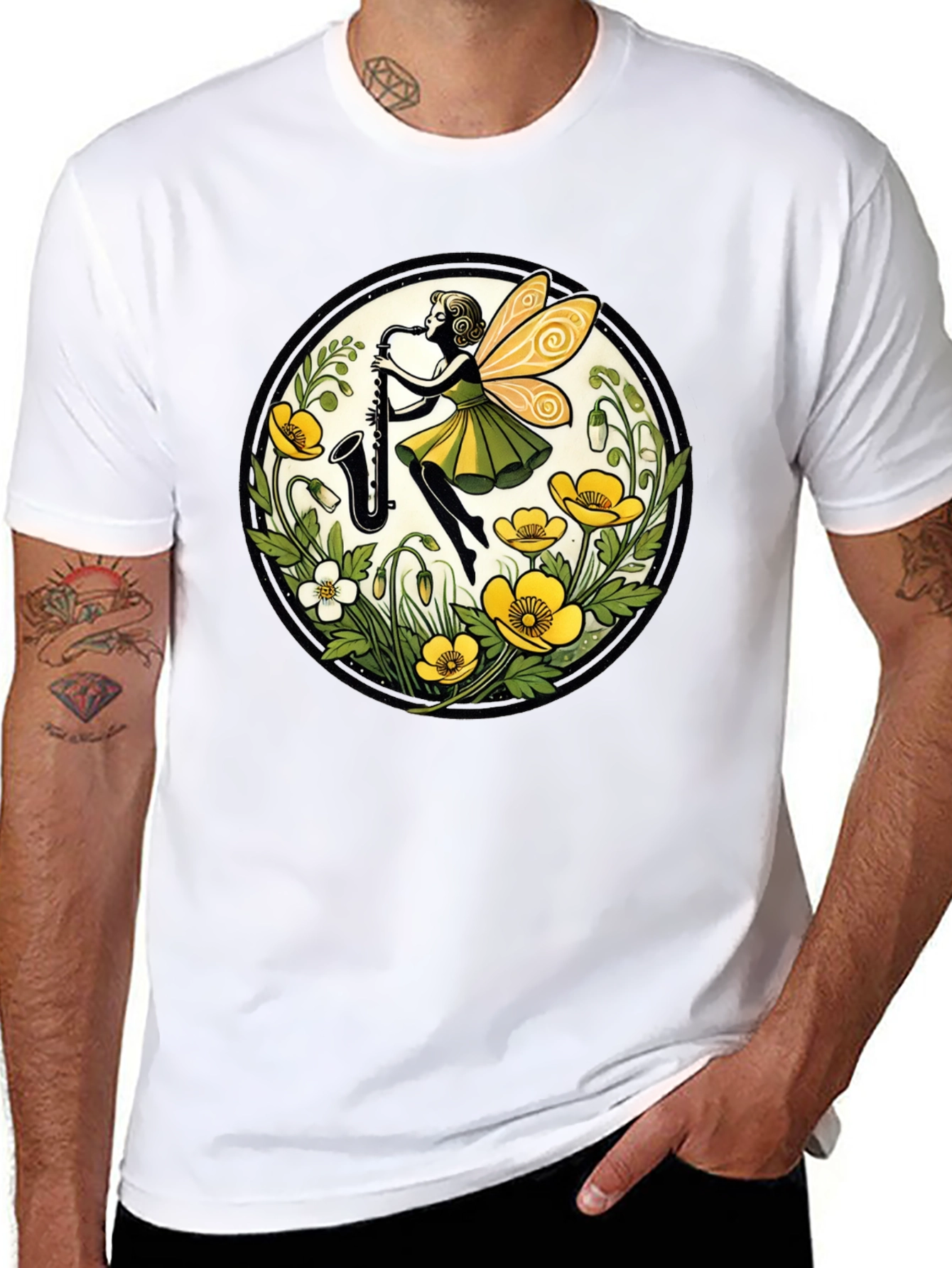 Fairy Sax Player Graphic Tee - Whimsical Black T-Shirt