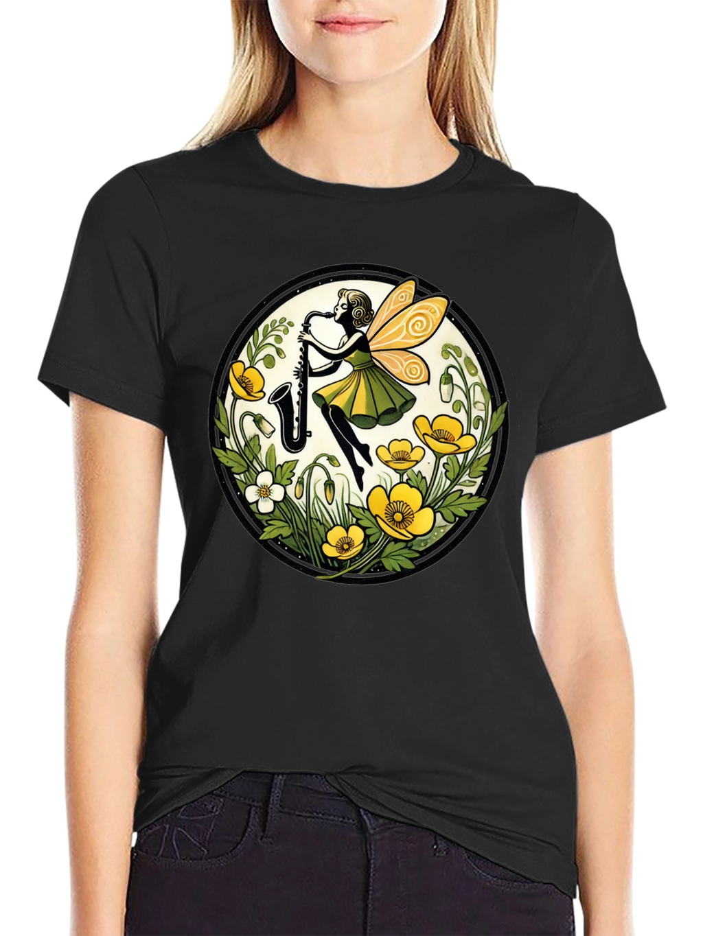Fairy Sax Player Graphic Tee - Whimsical Black T-Shirt