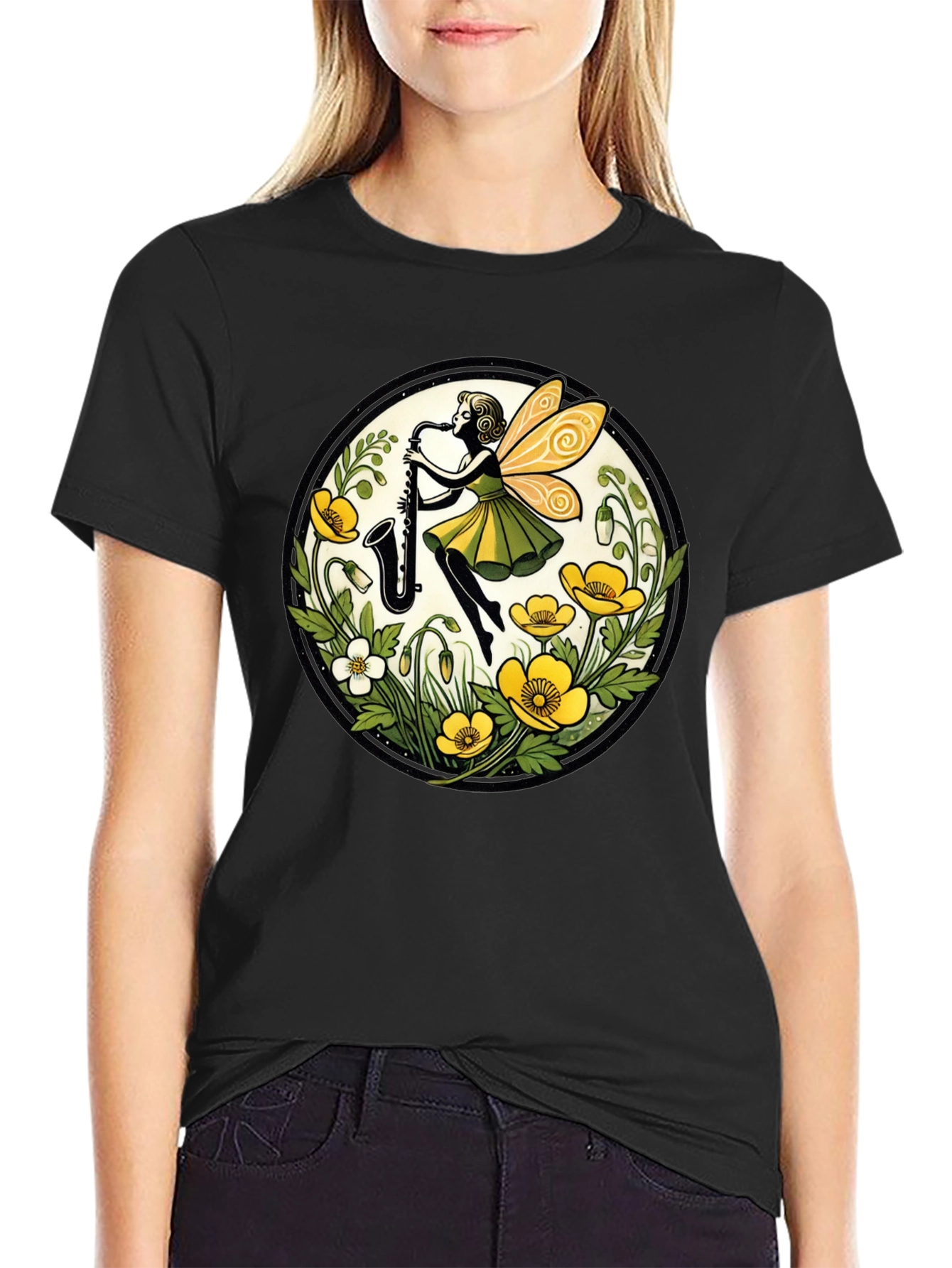 Fairy Sax Player Graphic Tee - Whimsical Black T-Shirt