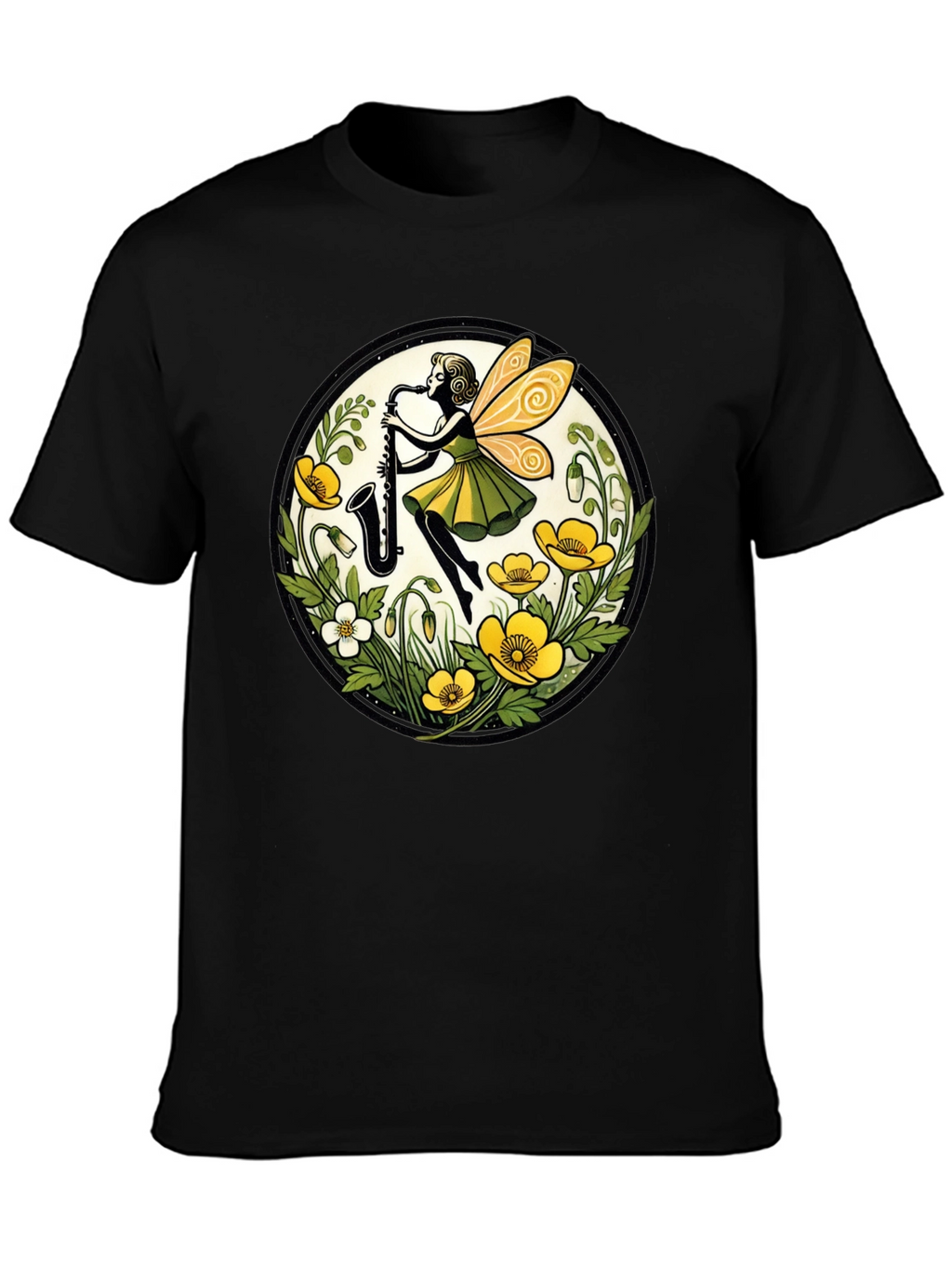 Fairy Sax Player Graphic Tee - Whimsical Black T-Shirt